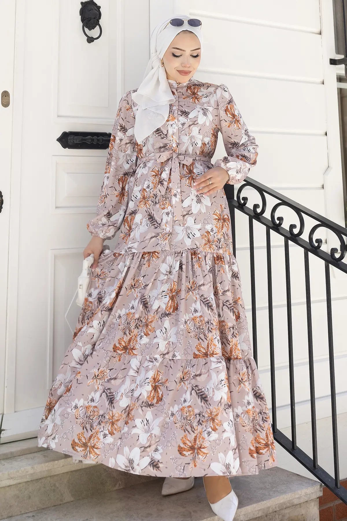 Patterned Hijab Dress-Brown, view 2