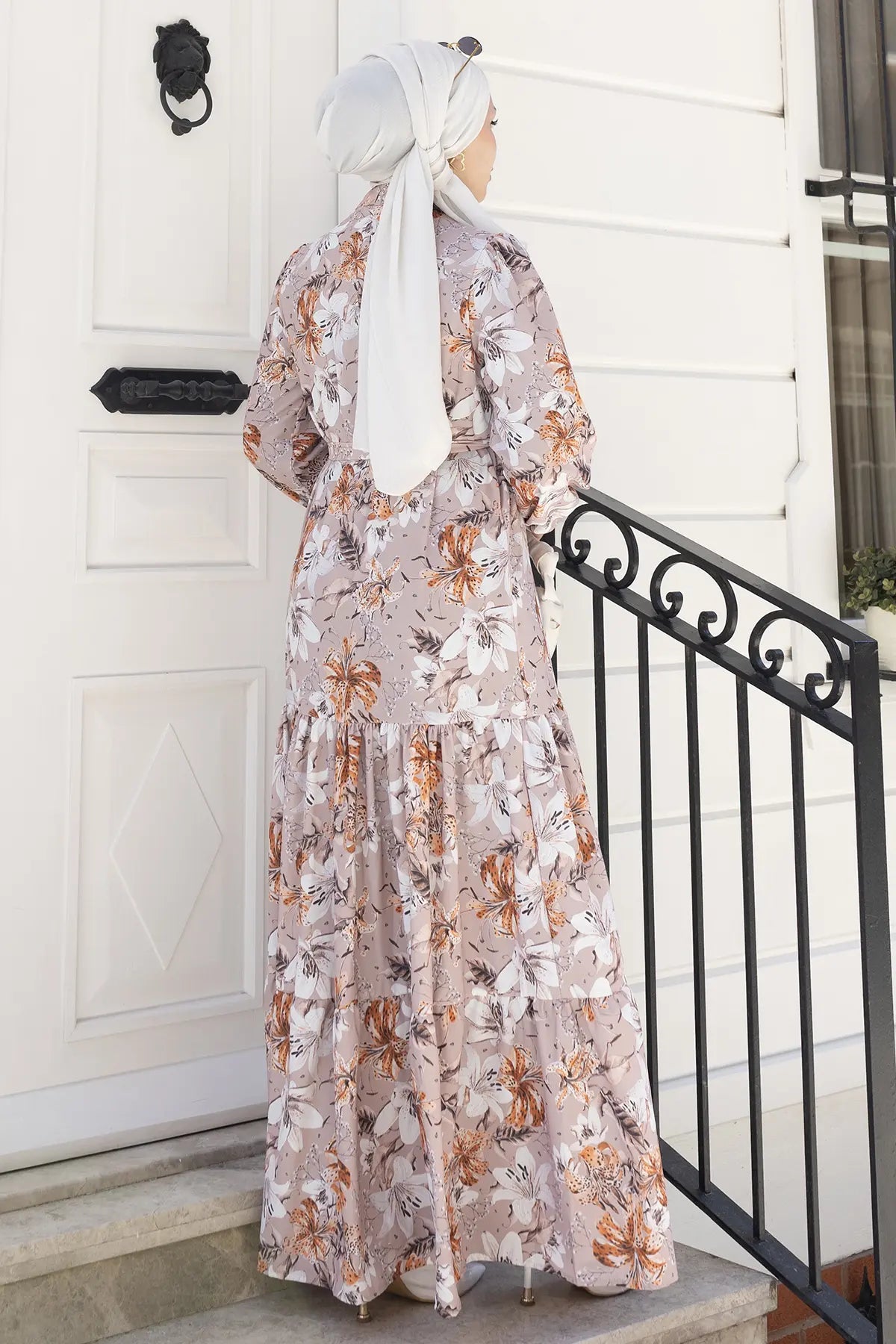 Patterned Hijab Dress-Brown, view 5