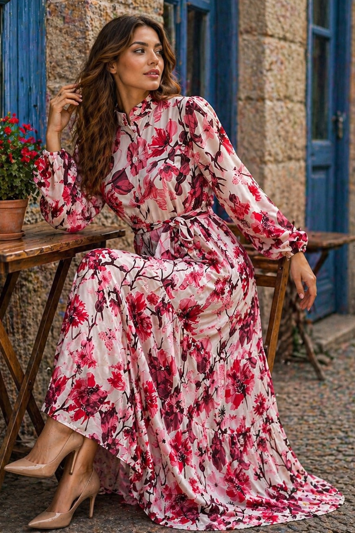 Floral Patterned Modest Dress-White, view 2