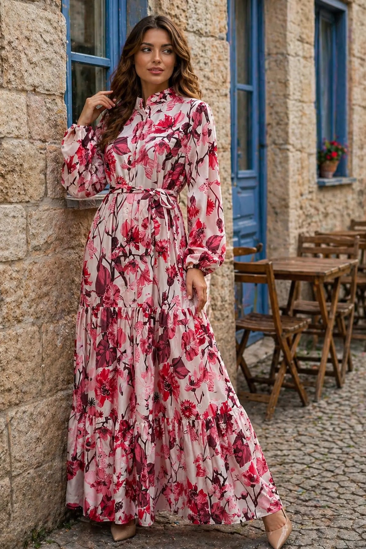 Floral Patterned Modest Dress-White, view 3
