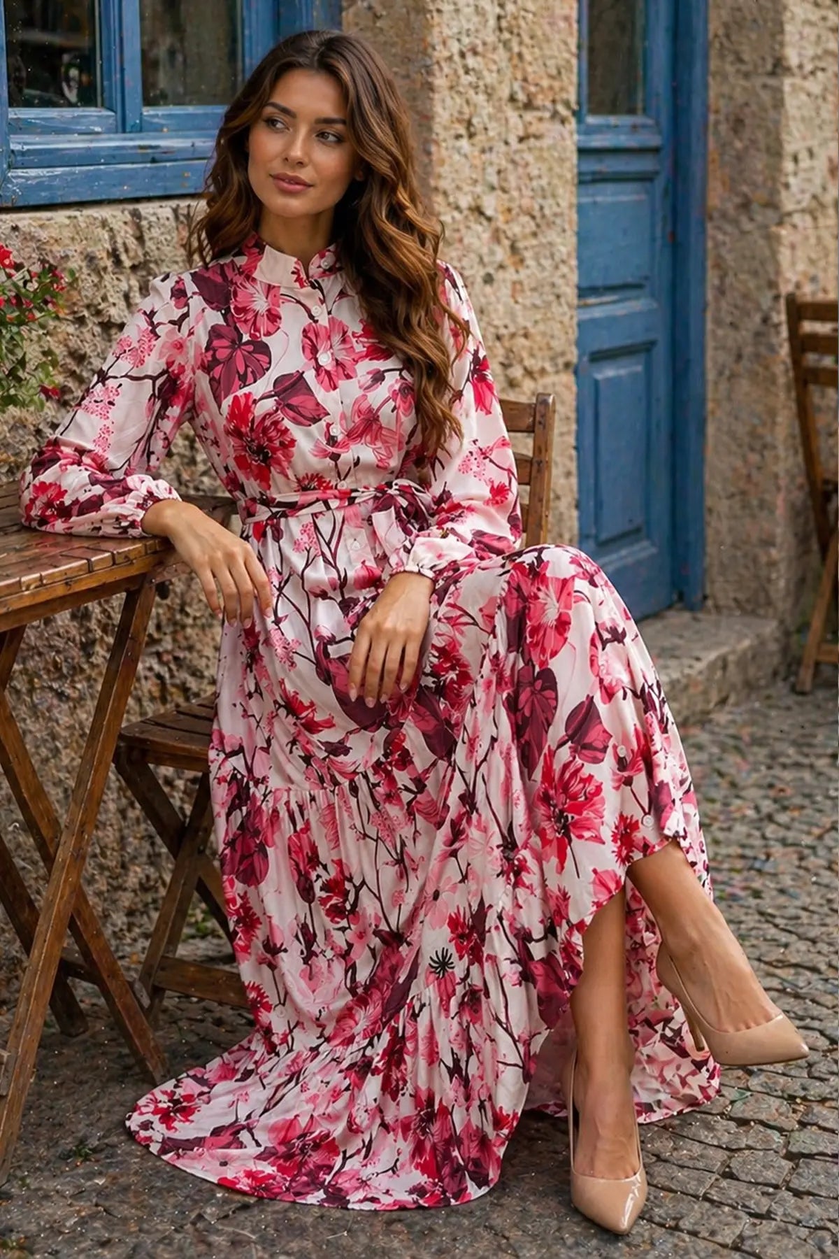 Floral Patterned Modest Dress-White, view 4