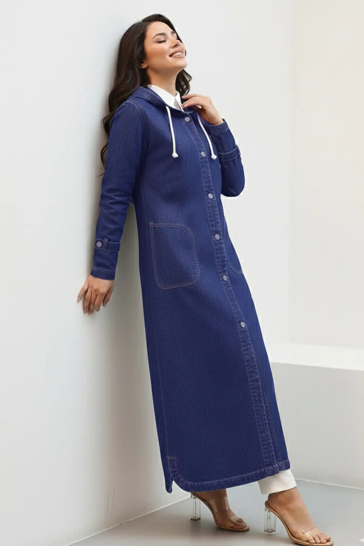 Hooded Button-down Sport Denim Jacket, view 2