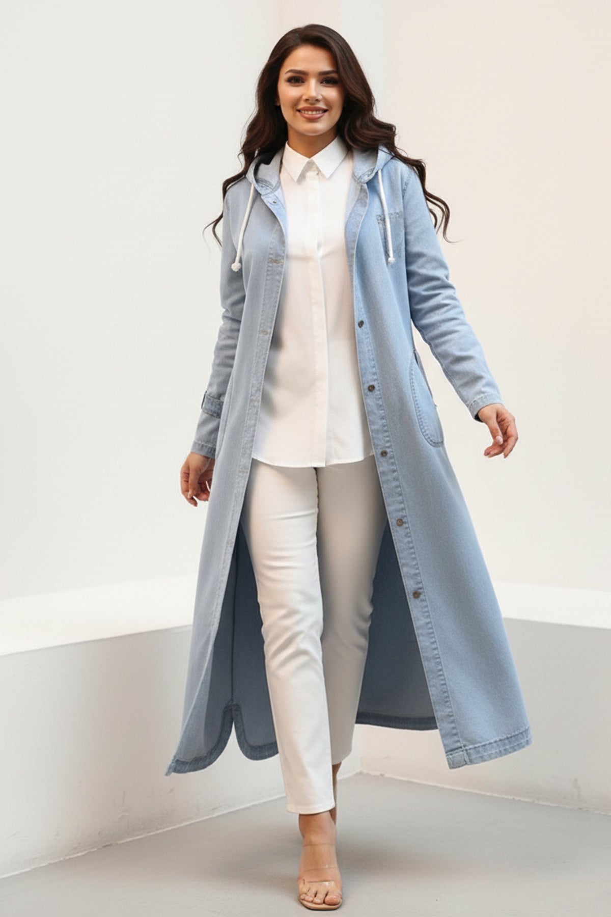 Hooded Button-down Sport Denim Jacket by NEOMODEST