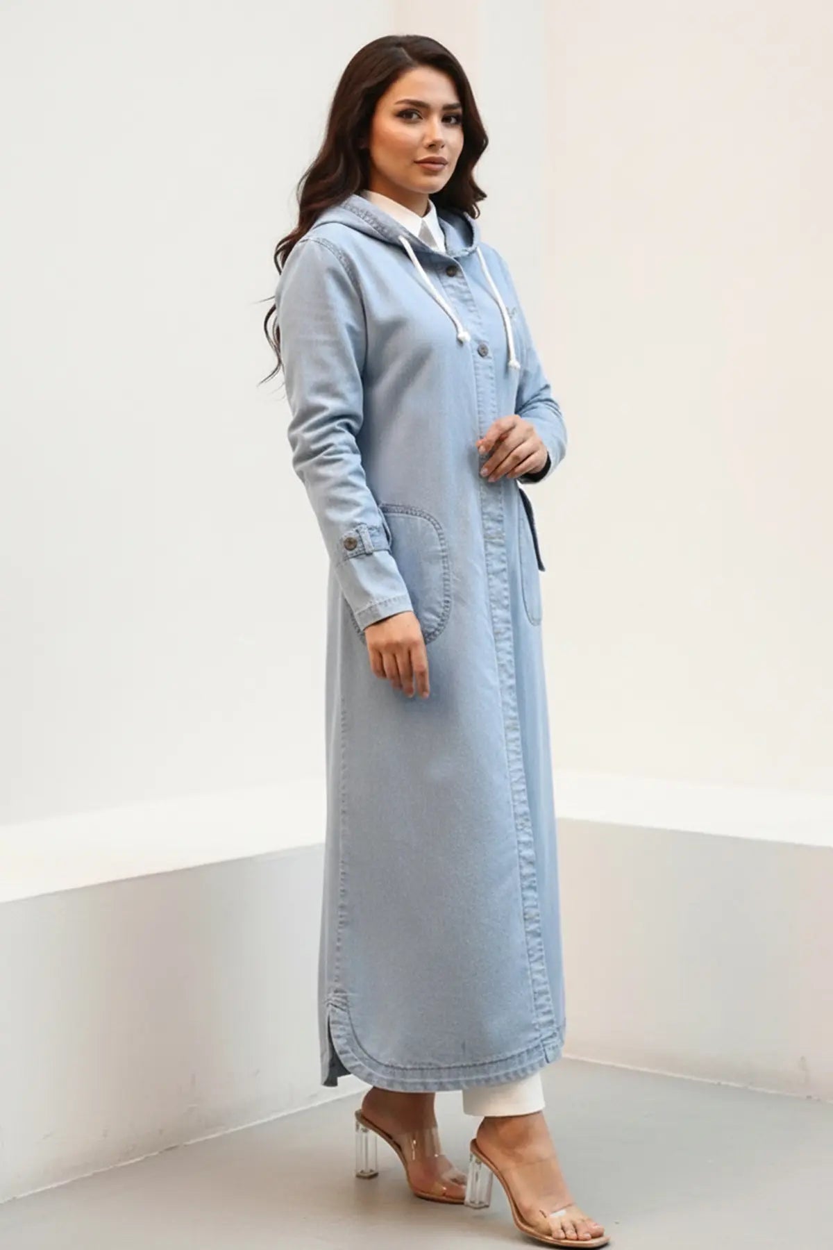 Hooded Button-down Sport Denim Jacket, view 2