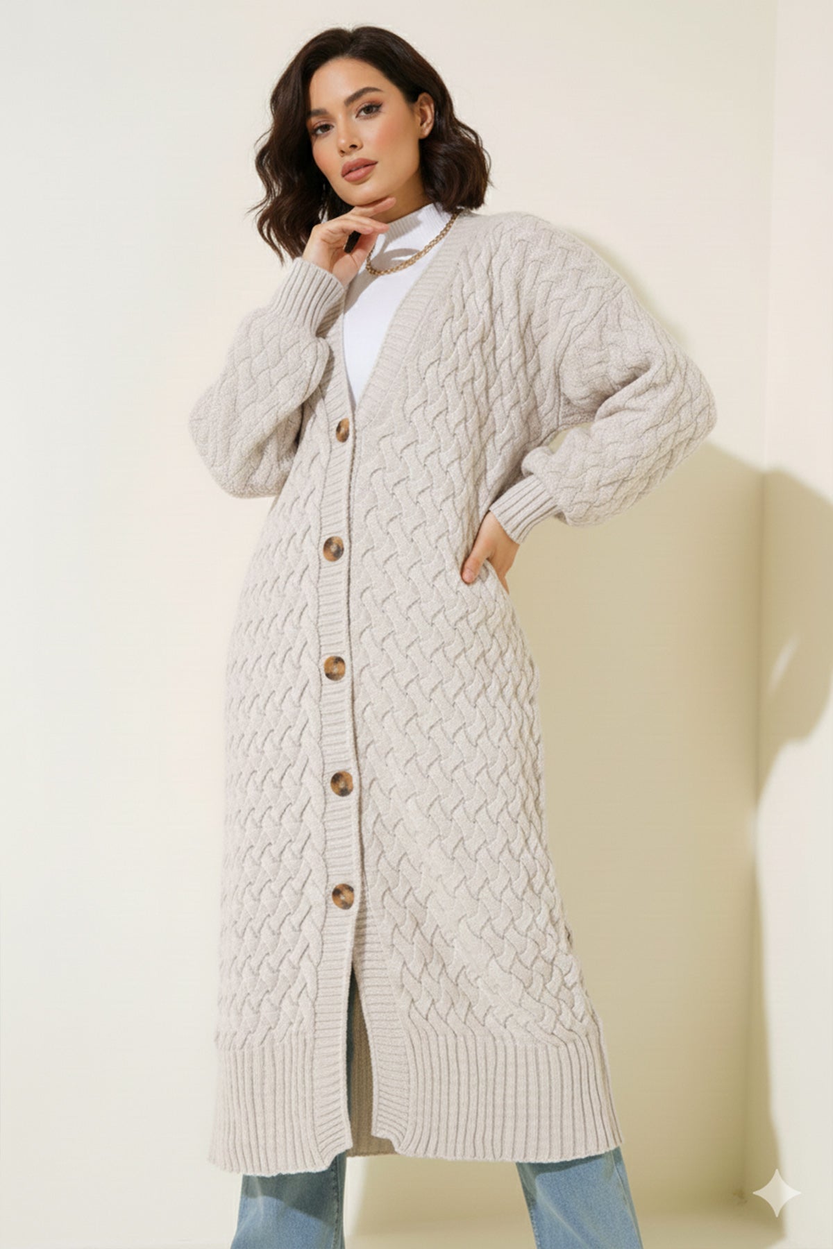 Long Knitted Cardigan With Knitted Pattern by NEOMODEST