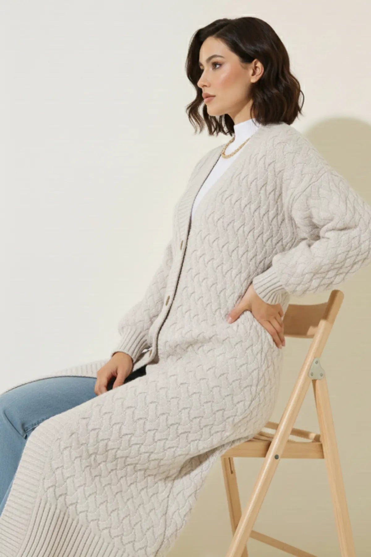 Long Knitted Cardigan With Knitted Pattern, view 2