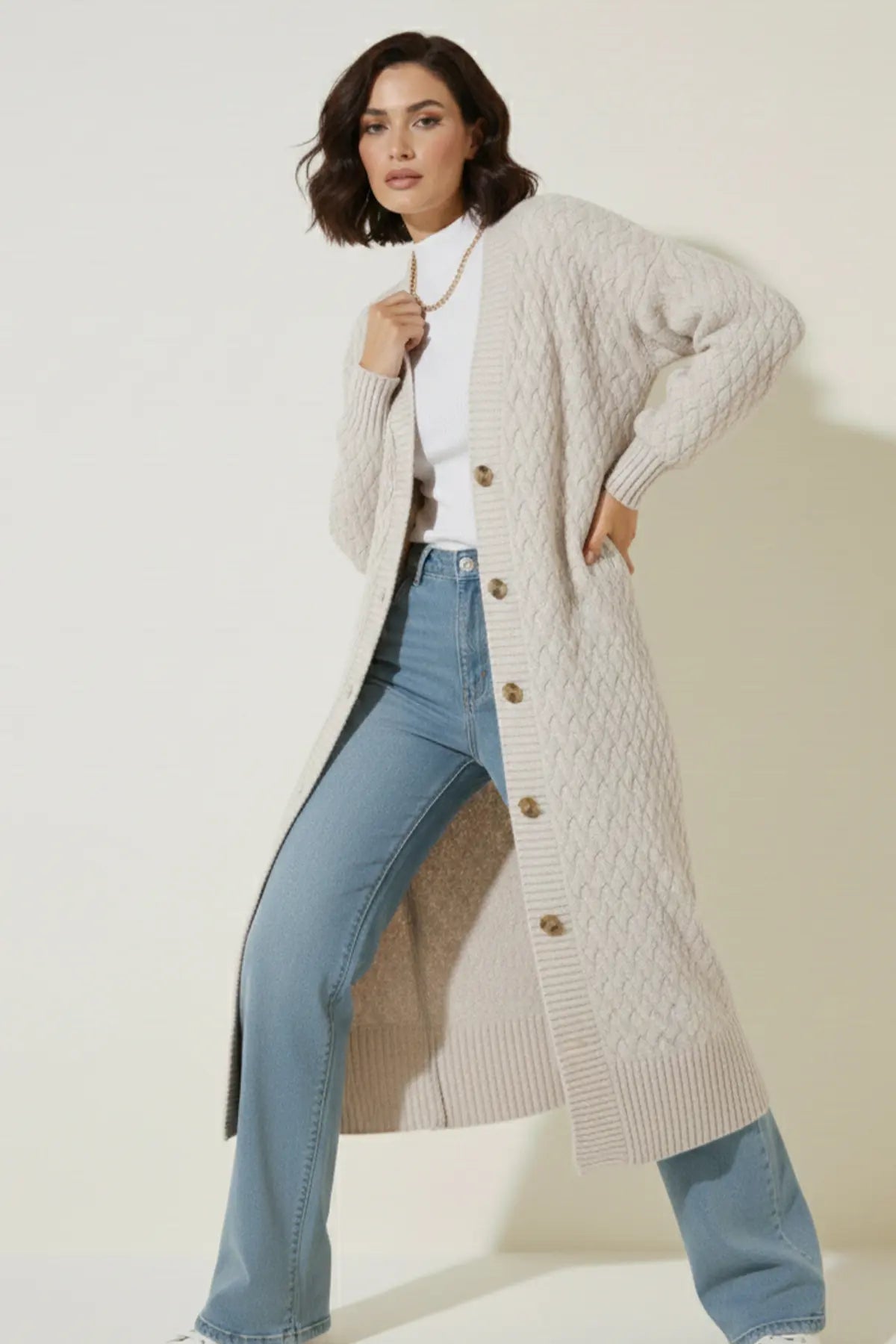 Long Knitted Cardigan With Knitted Pattern, view 3