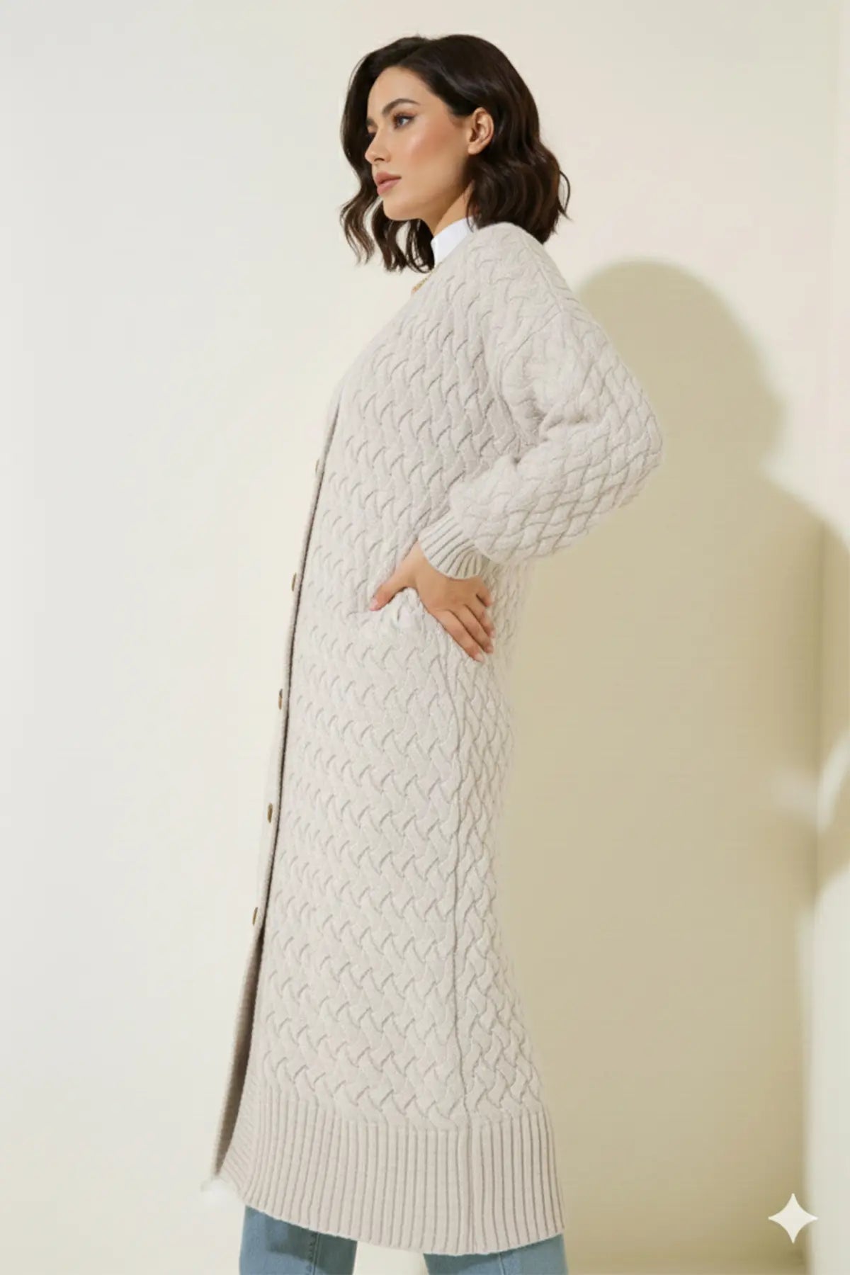 Long Knitted Cardigan With Knitted Pattern, view 4