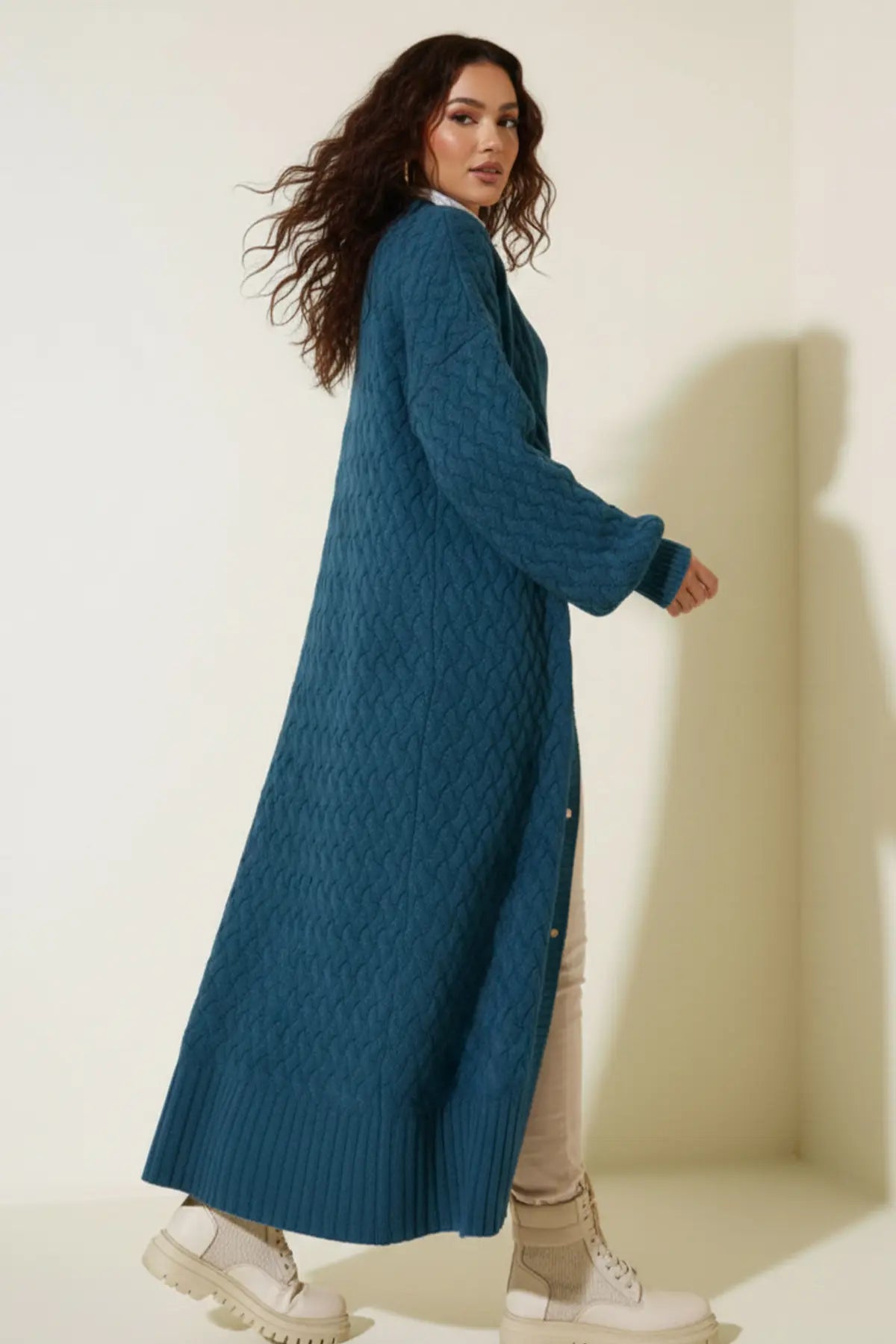 Long Knitted Cardigan With Knitted Pattern, view 3
