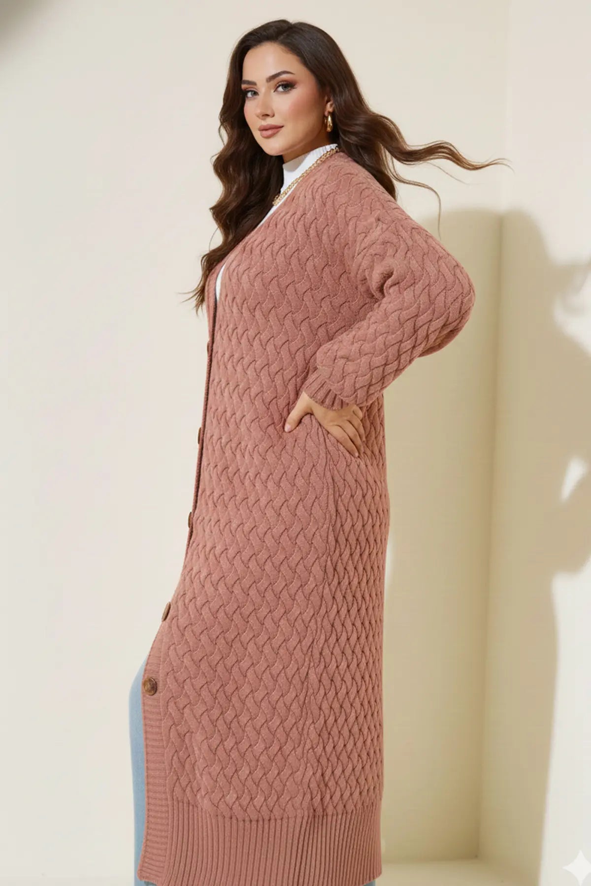 Long Knitted Cardigan With Knitted Pattern, view 2