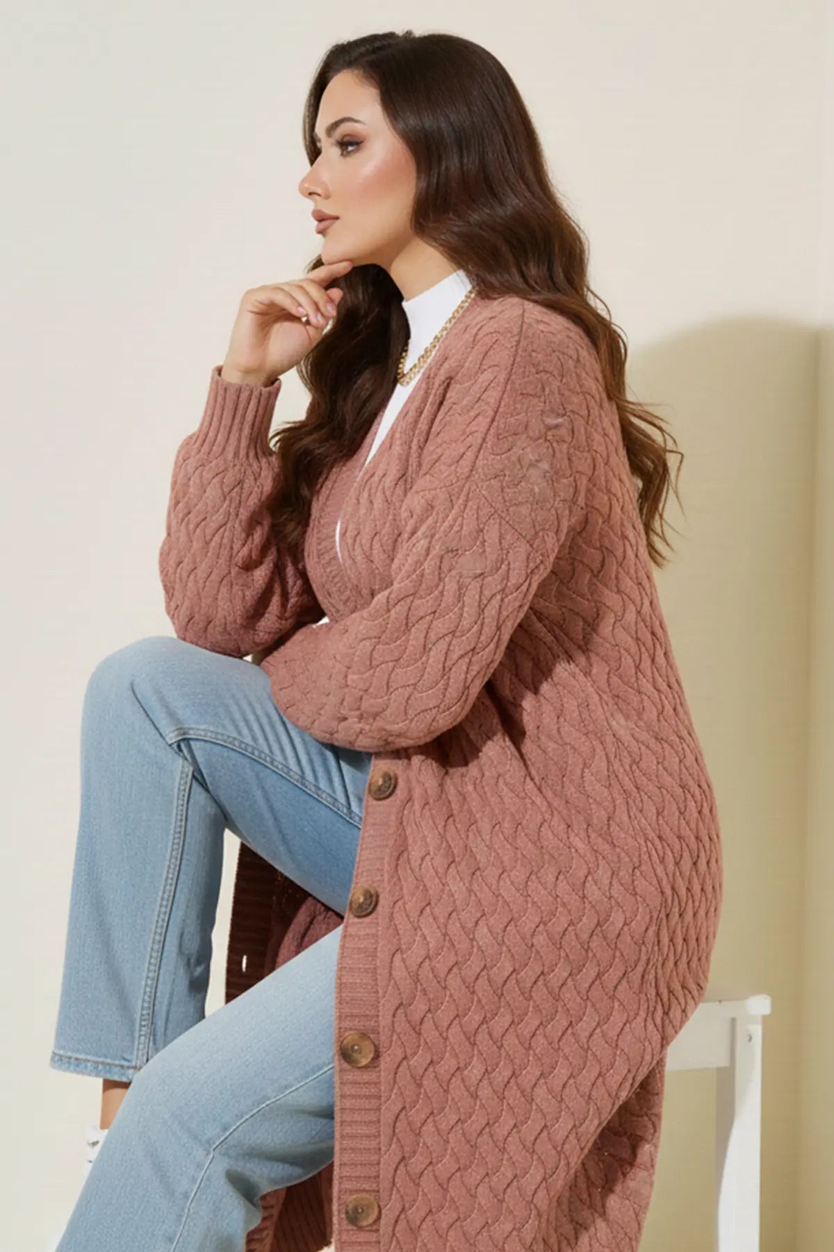 Long Knitted Cardigan With Knitted Pattern, view 3