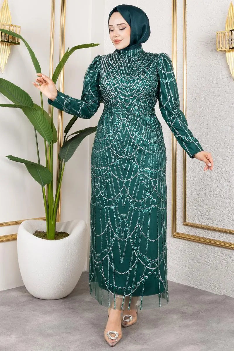 Glitter Detailed Satin Modest Evening Dress, view 3