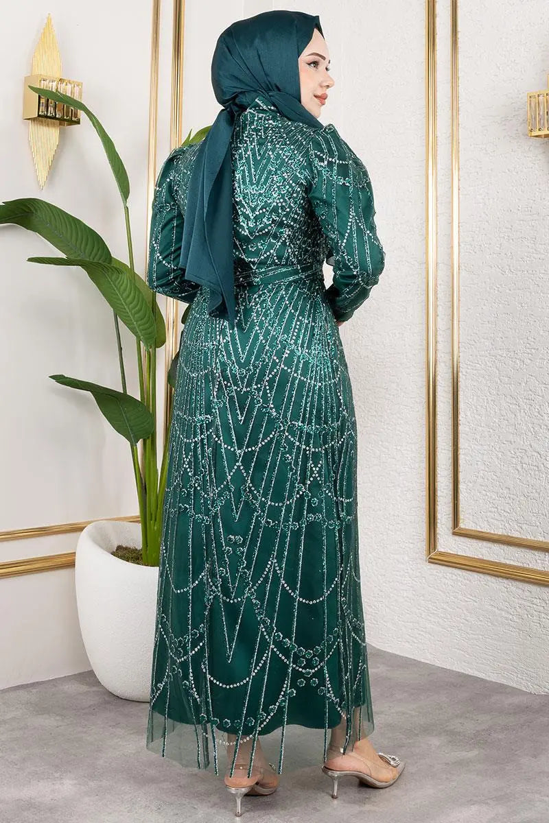 Glitter Detailed Satin Modest Evening Dress, view 4