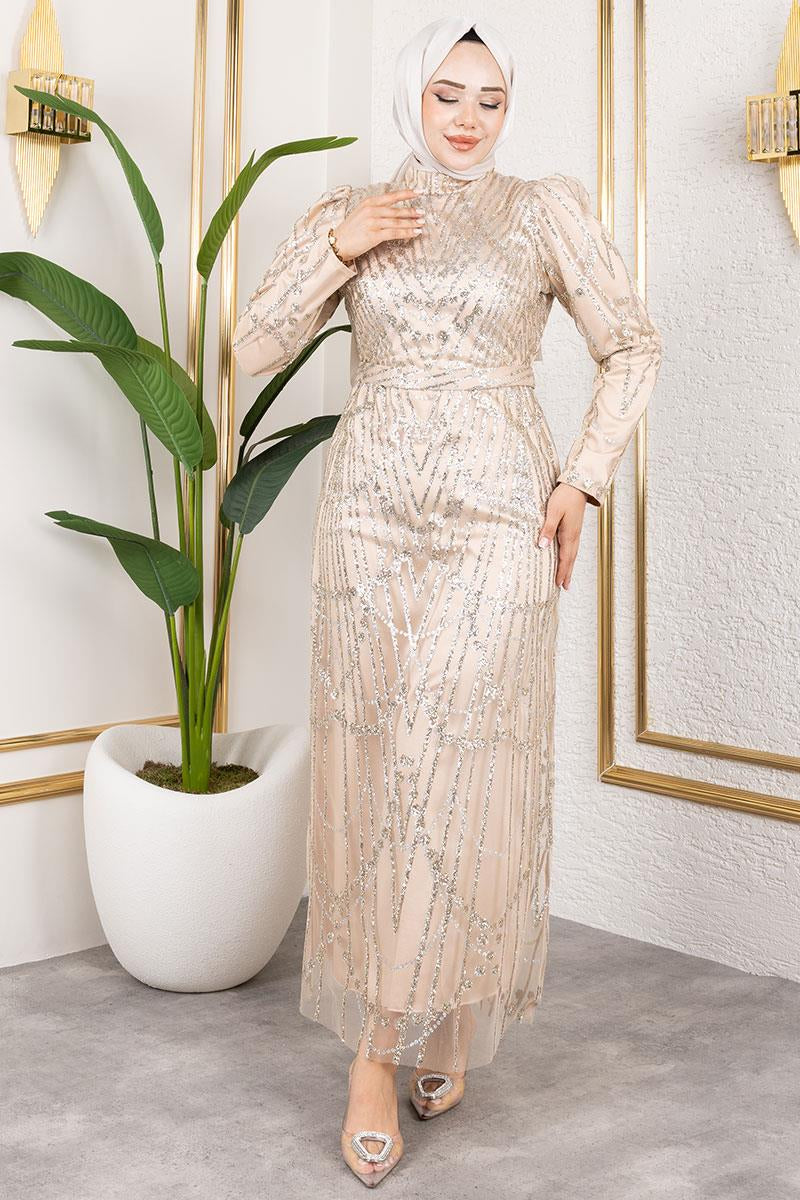 Glitter Detailed Satin Evening Dress, view 2