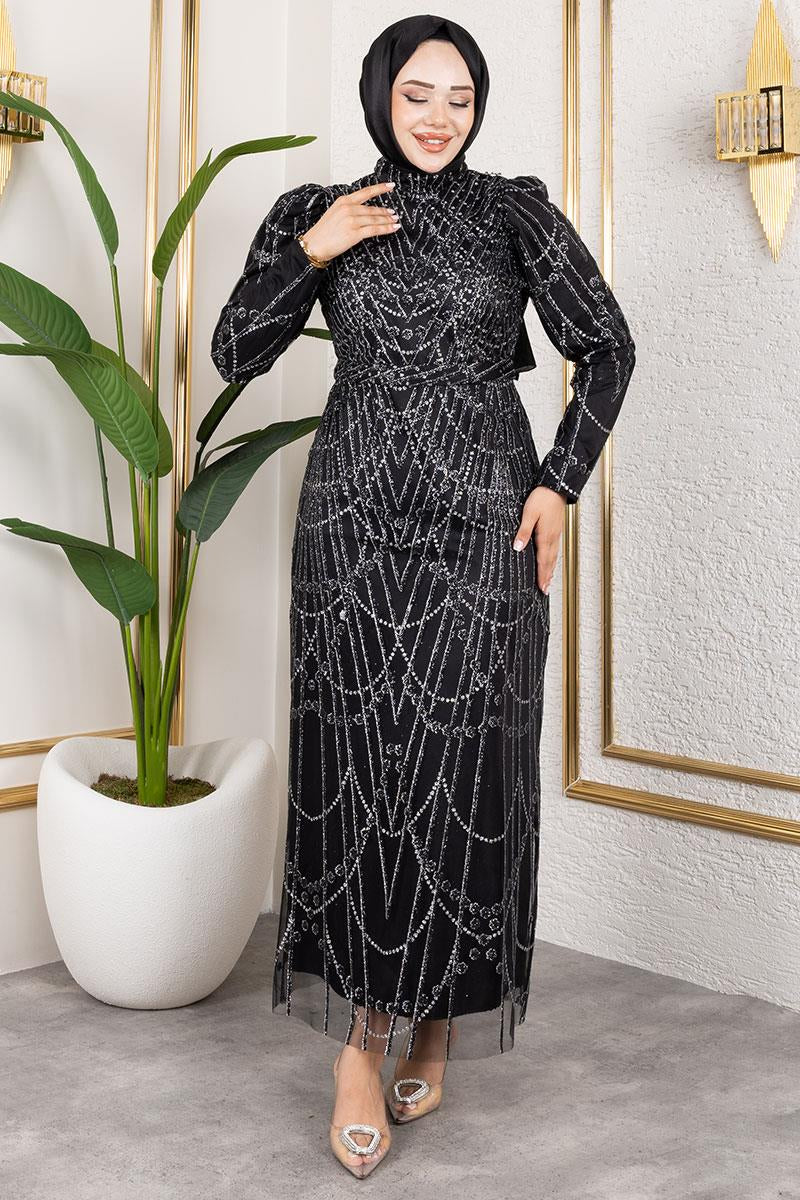 Glitter Detailed Satin Evening Dress, view 2
