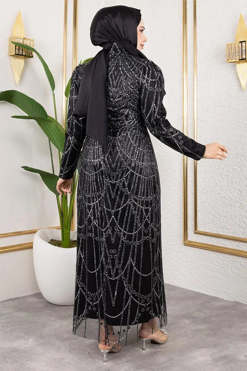 Glitter Detailed Satin Evening Dress, view 4