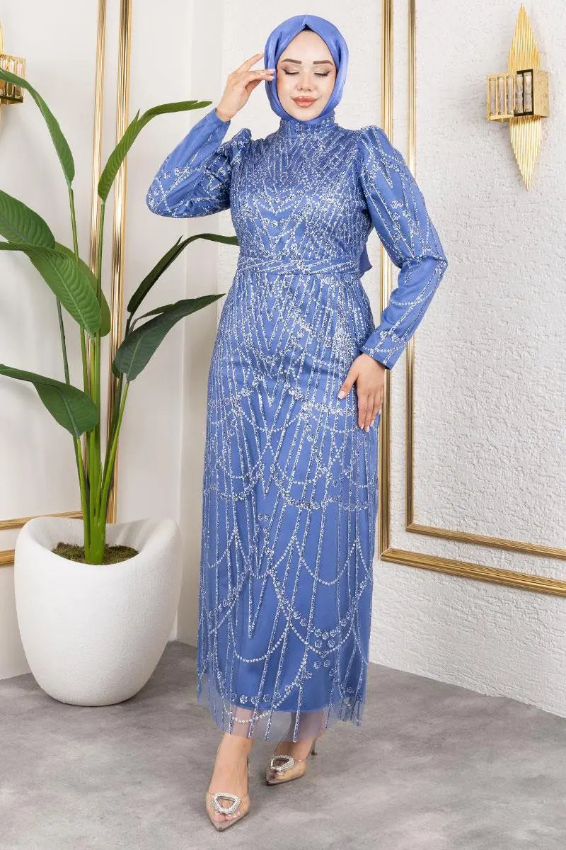 Glitter Detailed Satin Evening Dress, view 3