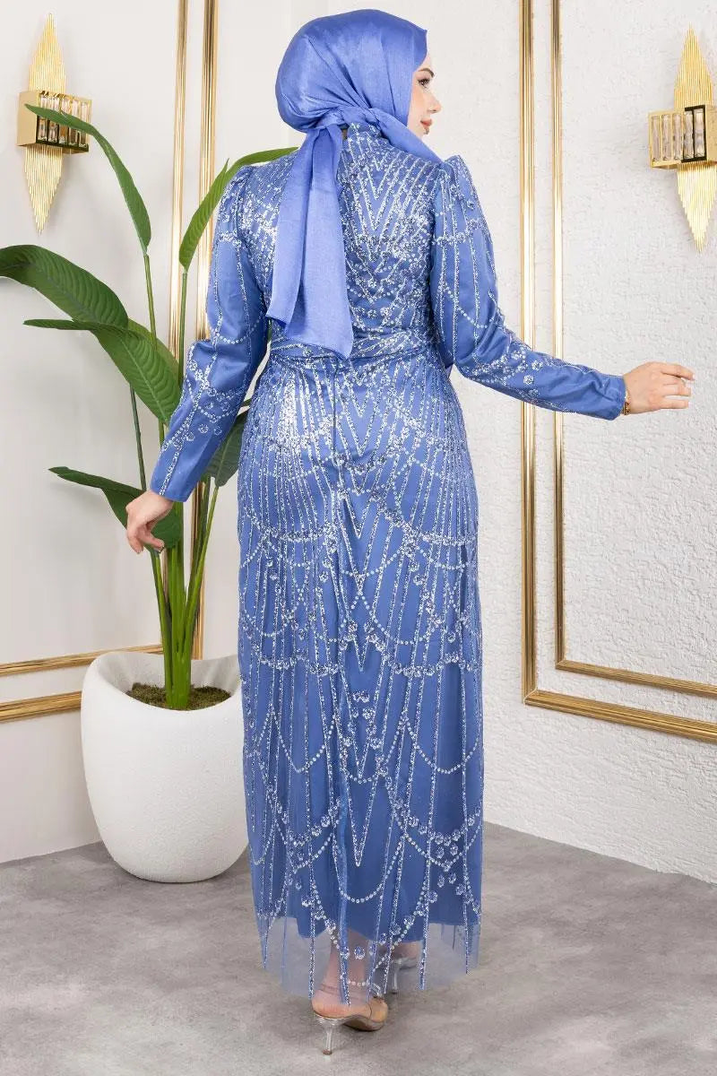 Glitter Detailed Satin Evening Dress, view 4