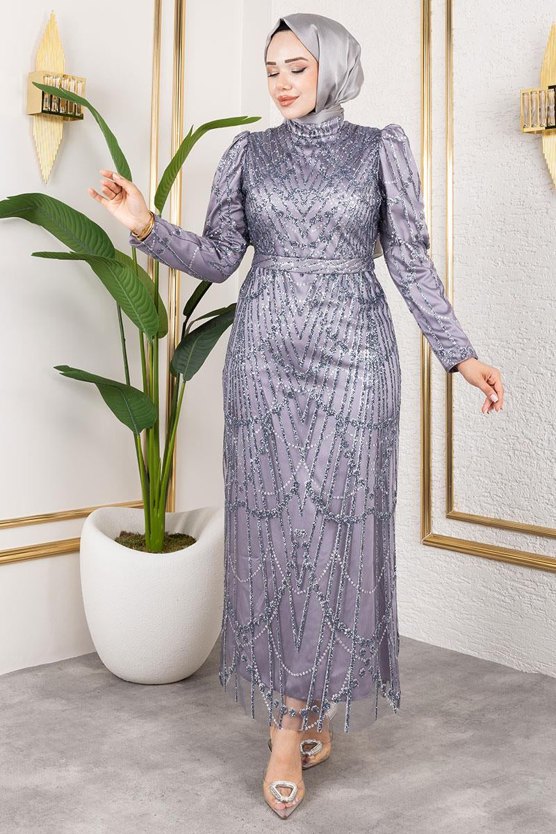 Glitter Detailed Satin Evening Dress, view 2