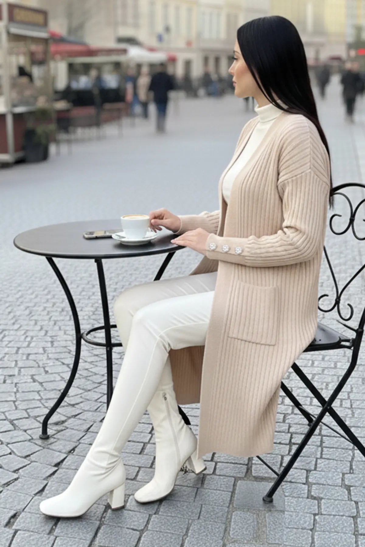 Buttoned Sleeve Ribbed Knit Cardigan, view 2