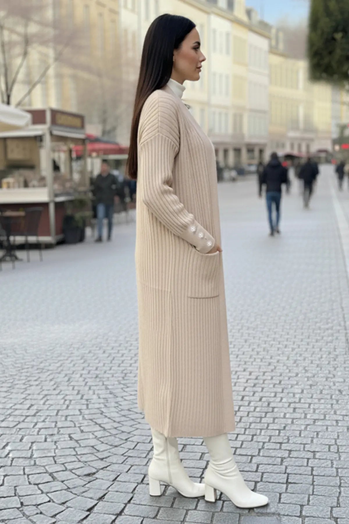 Buttoned Sleeve Ribbed Knit Cardigan, view 3