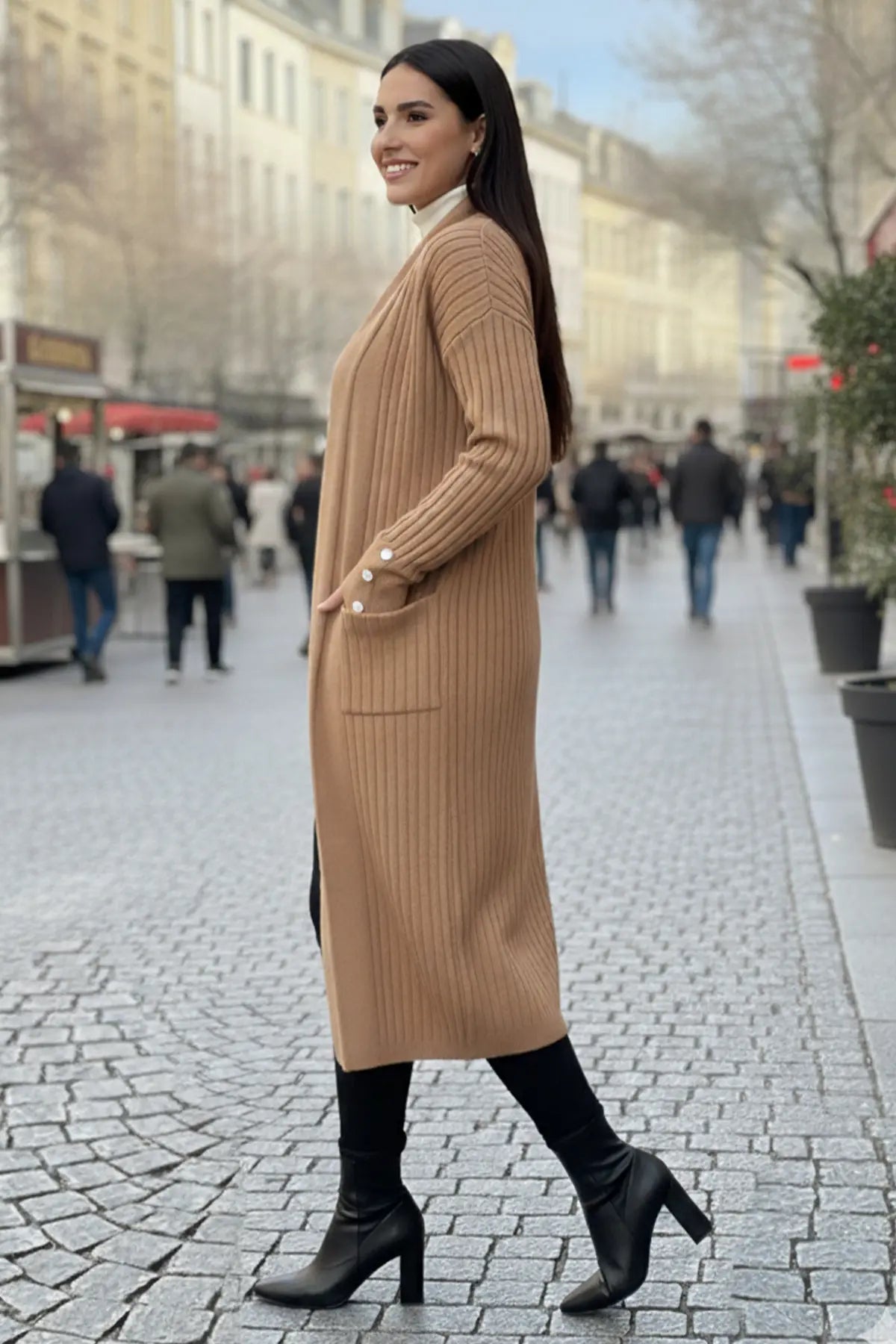Buttoned Sleeve Ribbed Knit Cardigan, view 2