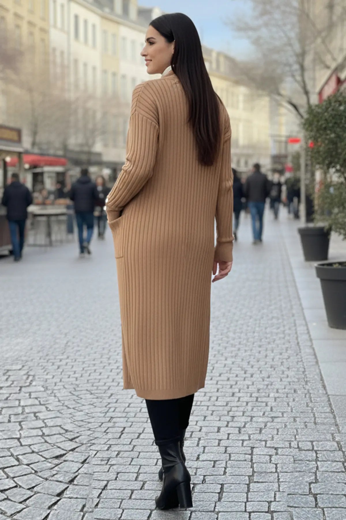 Buttoned Sleeve Ribbed Knit Cardigan, view 3