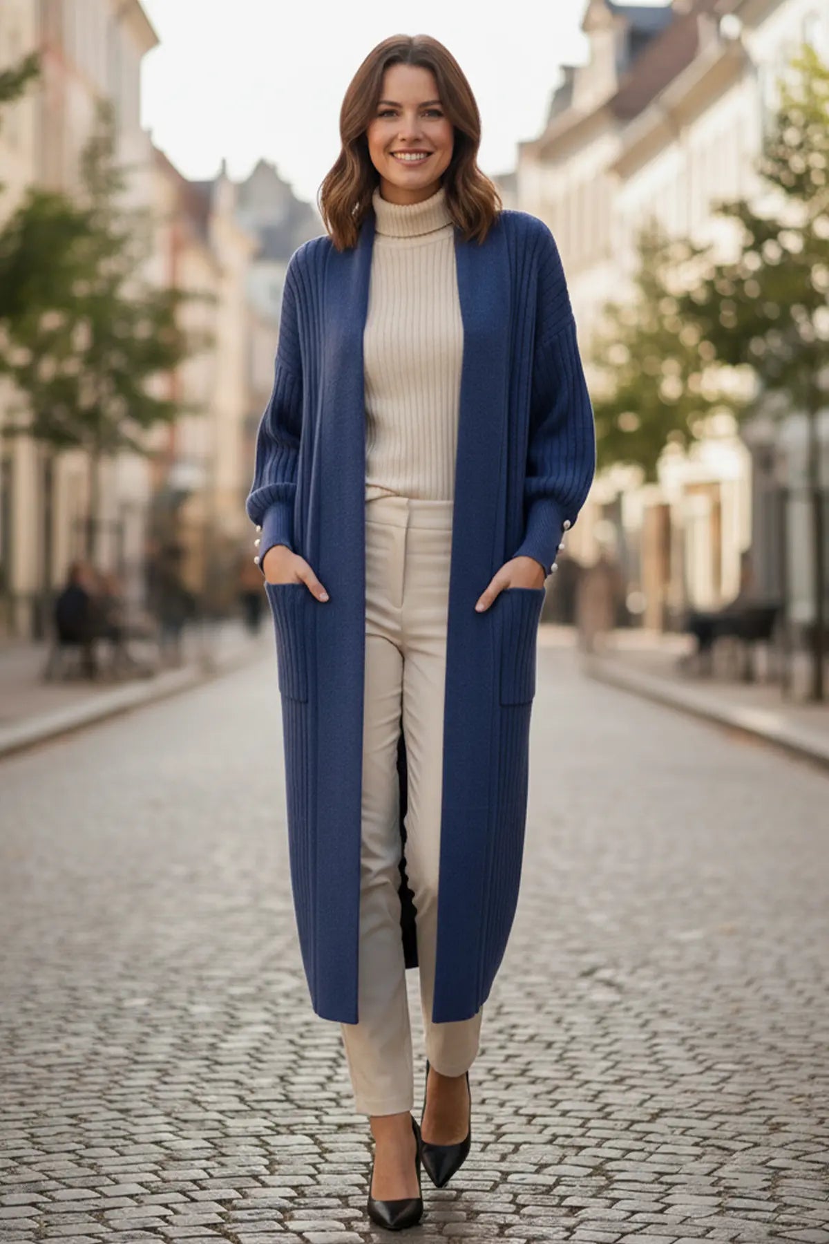 Buttoned Sleeve Ribbed Knit Cardigan, view 2