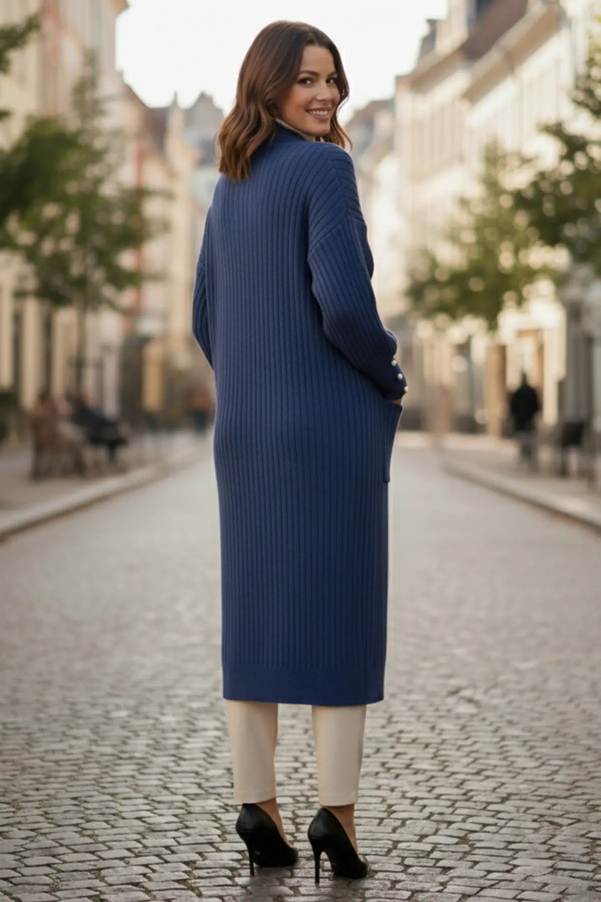 Buttoned Sleeve Ribbed Knit Cardigan, view 3