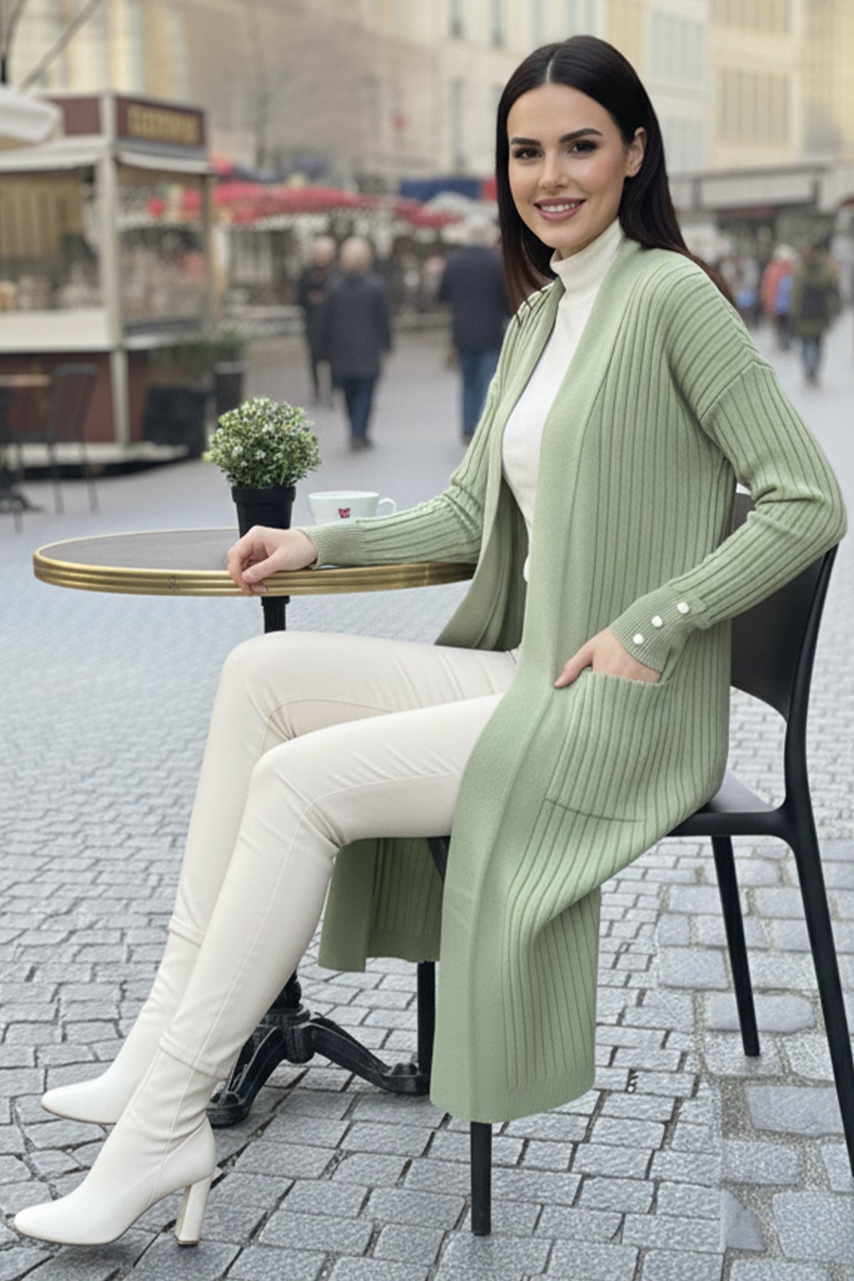 Buttoned Sleeve Ribbed Knit Cardigan by NEOMODEST