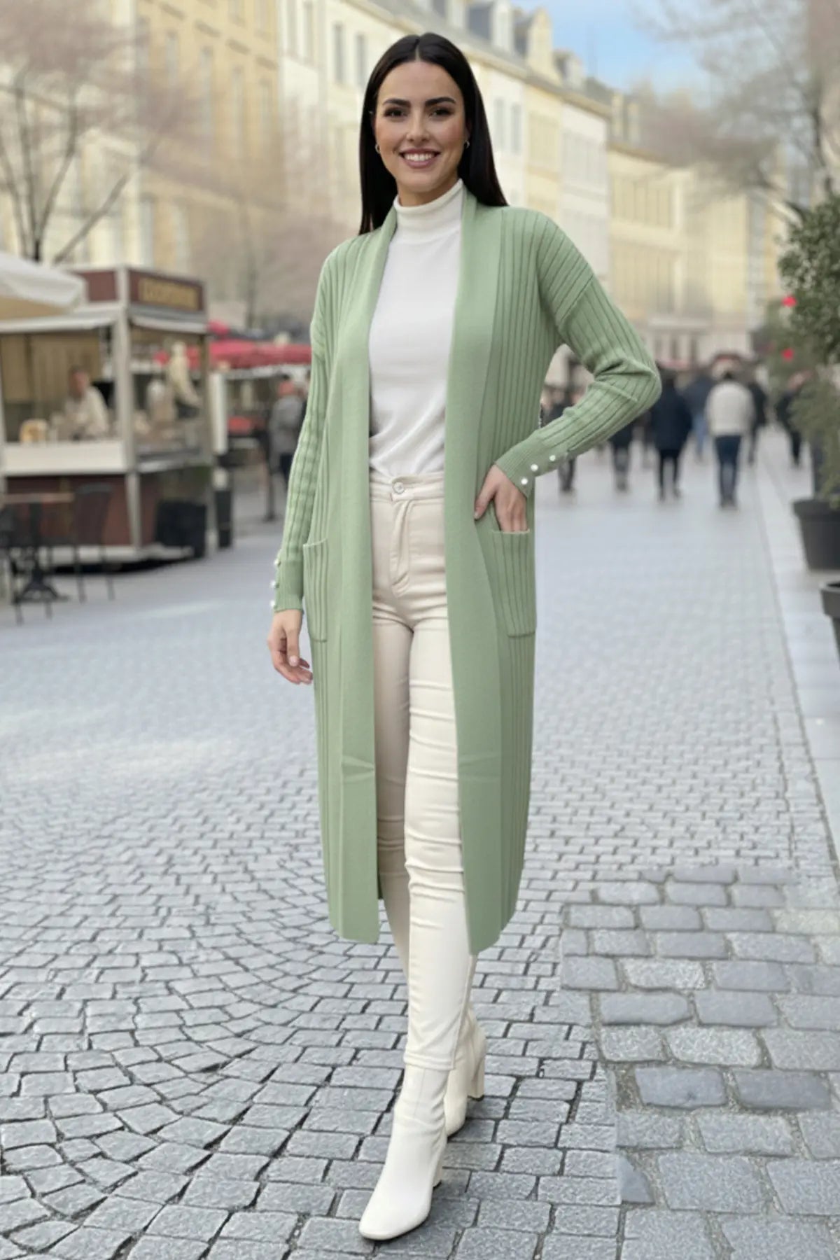 Buttoned Sleeve Ribbed Knit Cardigan, view 2