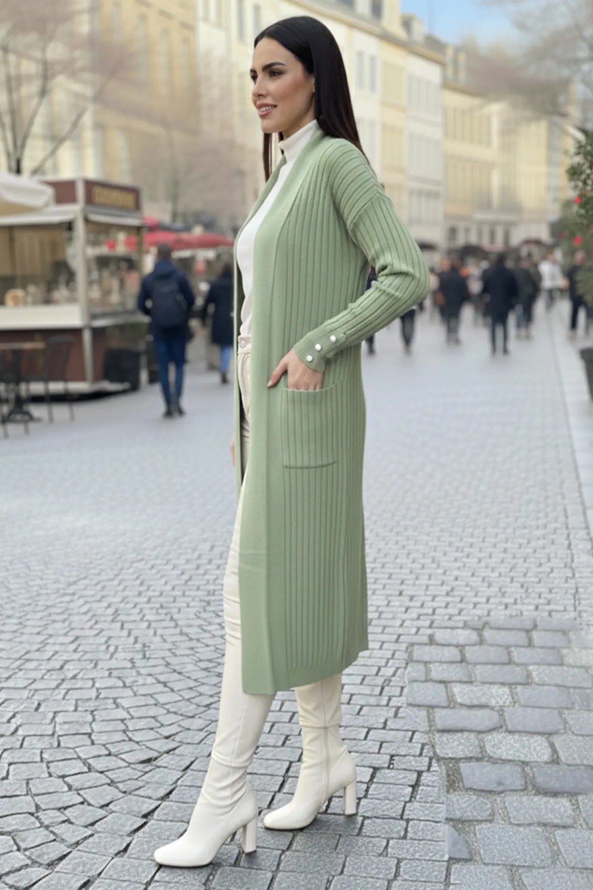 Buttoned Sleeve Ribbed Knit Cardigan, view 3