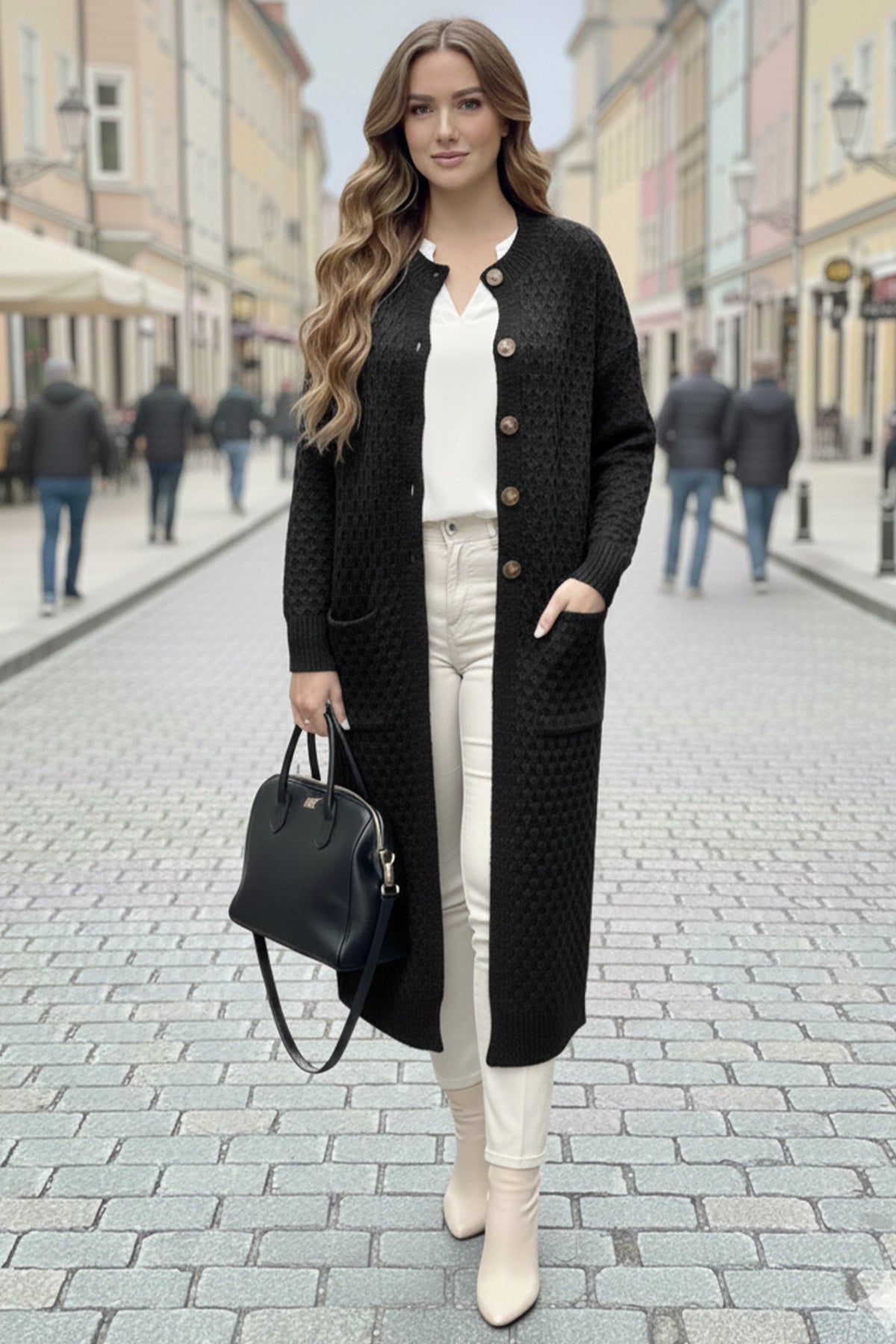 Long Patterned Knitted Cardigan With Pockets by NEOMODEST