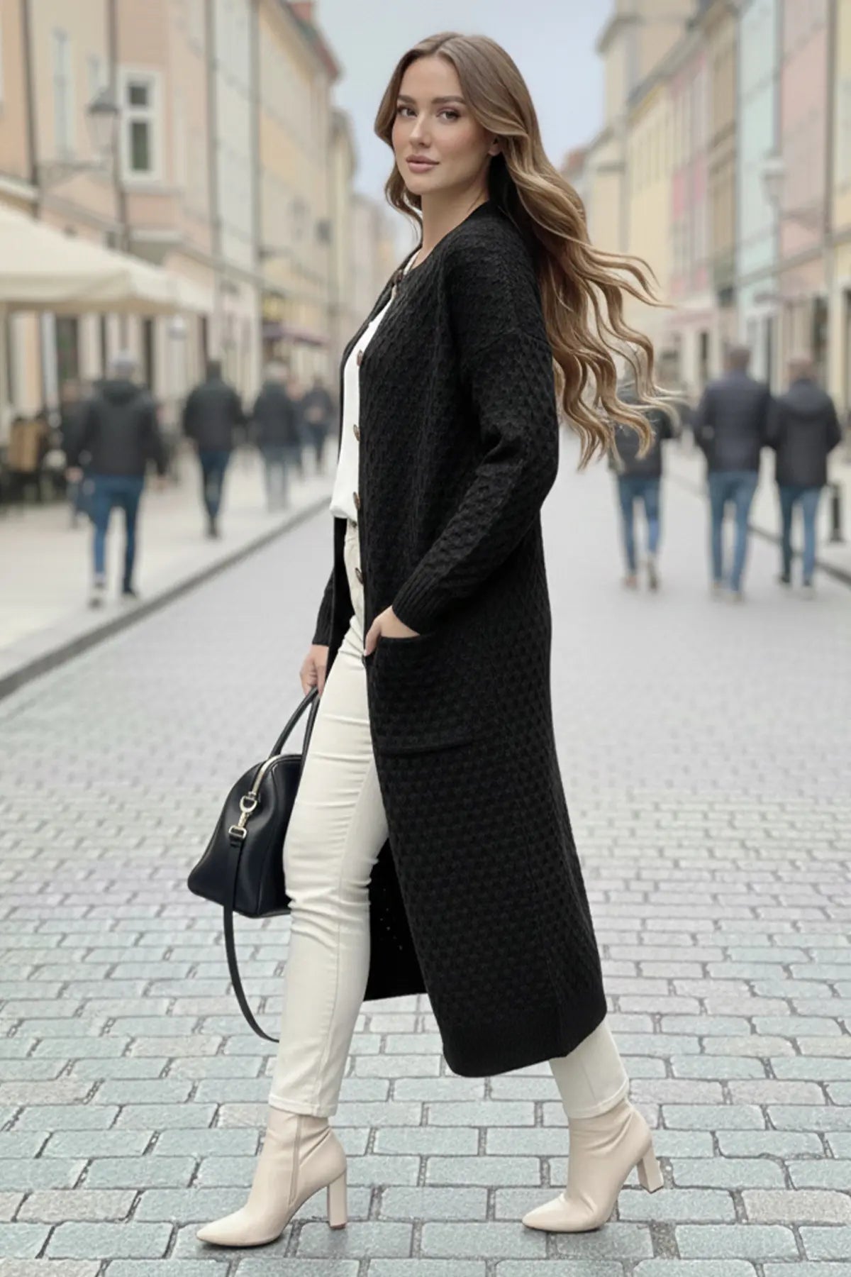 Long Patterned Knitted Cardigan With Pockets, view 2