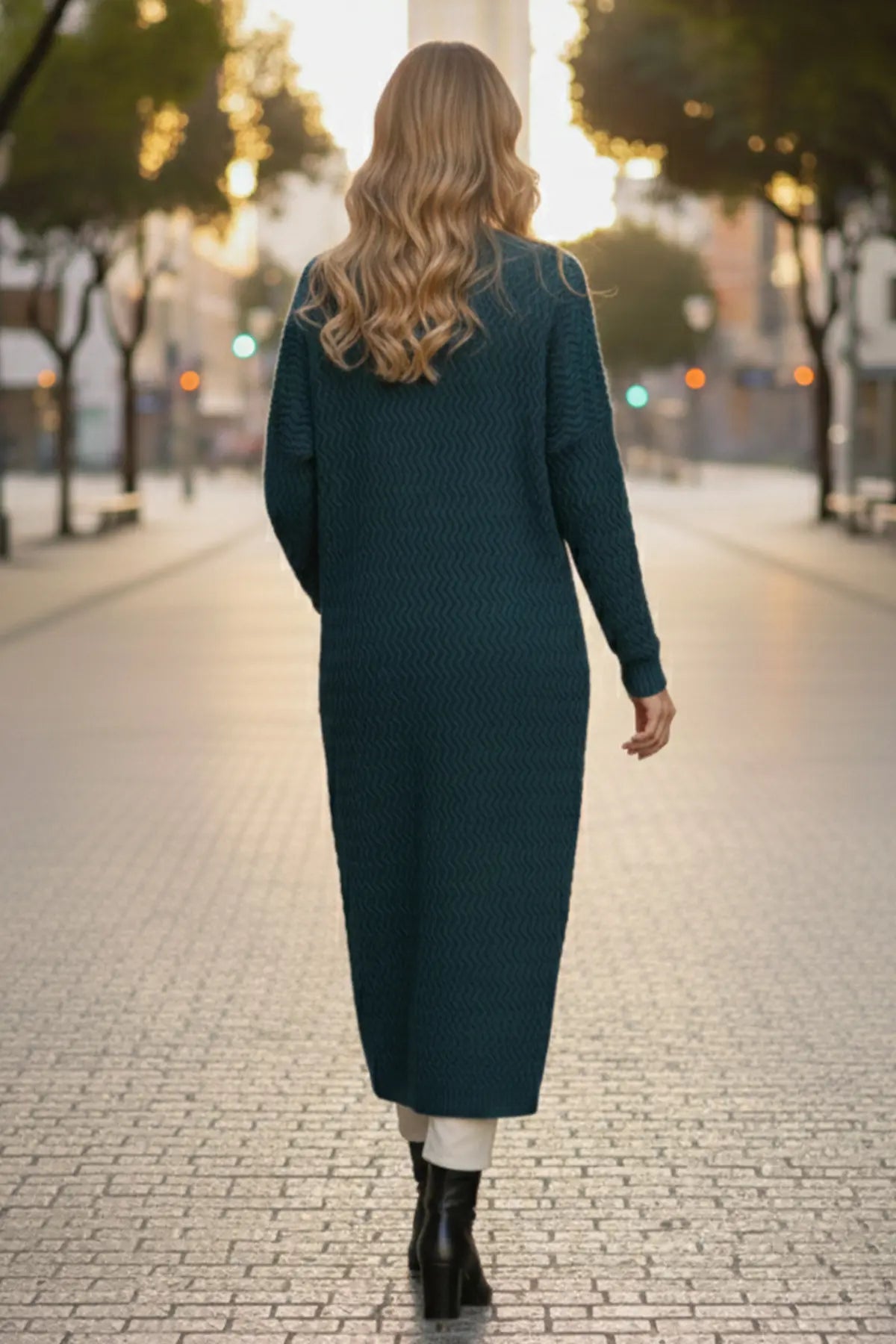 Zigzag Patterned Long Knit Cardigan, view 3