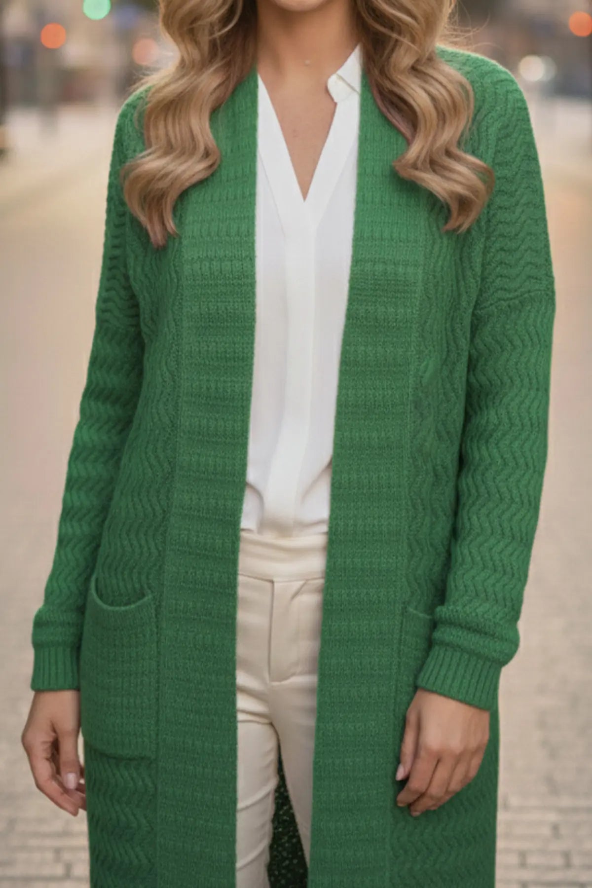 Zigzag Patterned Long Knit Cardigan, view 2