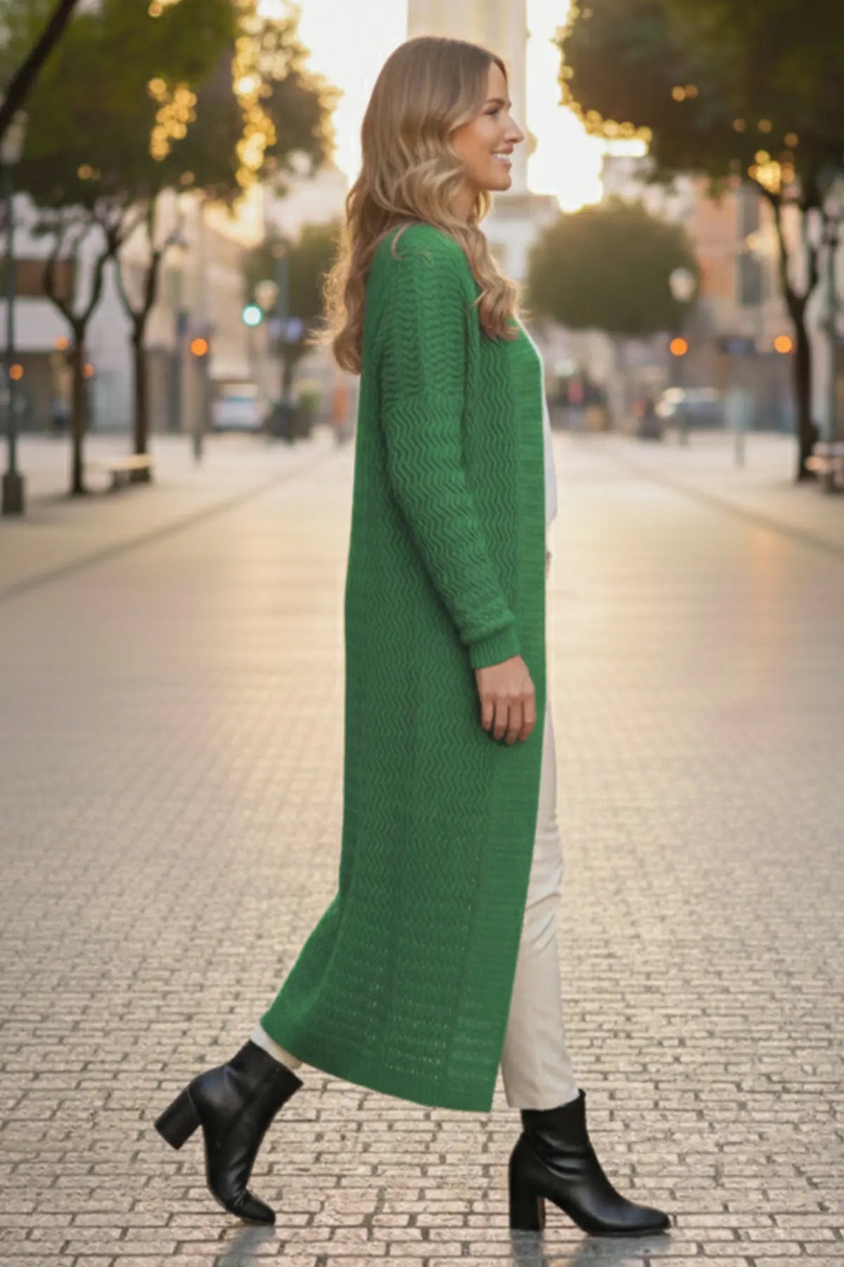 Zigzag Patterned Long Knit Cardigan, view 3