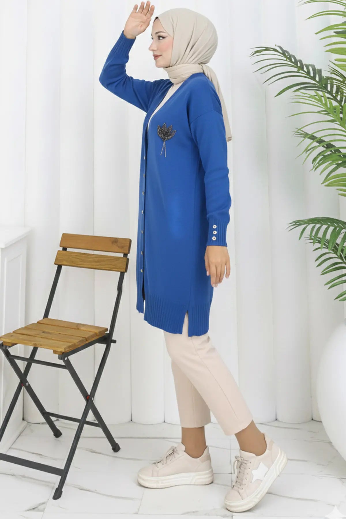 Long Mercerized Cardigan With Collar Detail, view 2