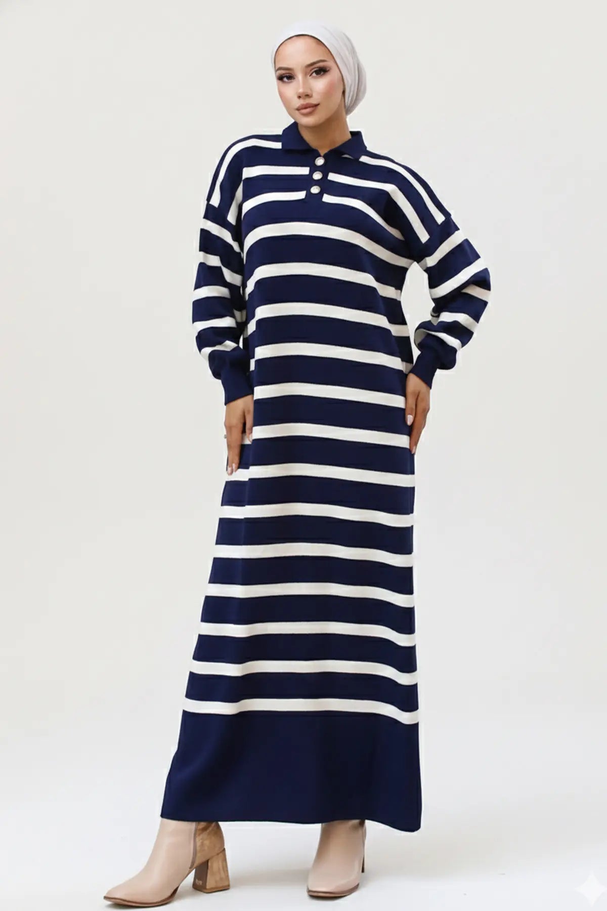 Neomodest Striped Knit Dress With Button Detail, view 2