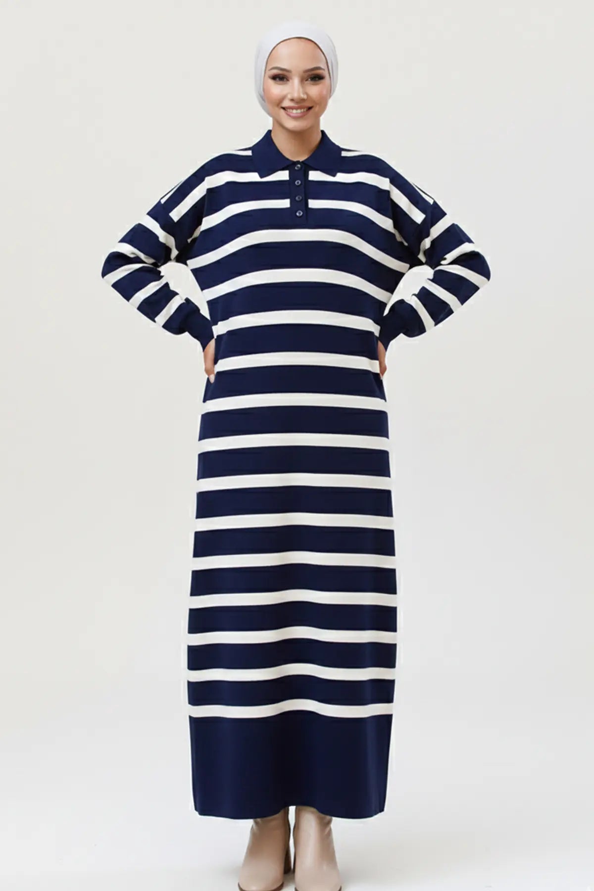 Neomodest Striped Knit Dress With Button Detail, view 3