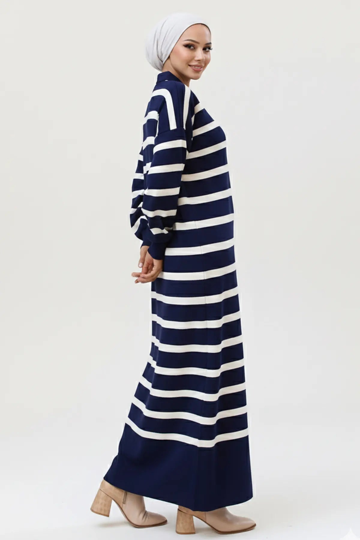 Neomodest Striped Knit Dress With Button Detail, view 4