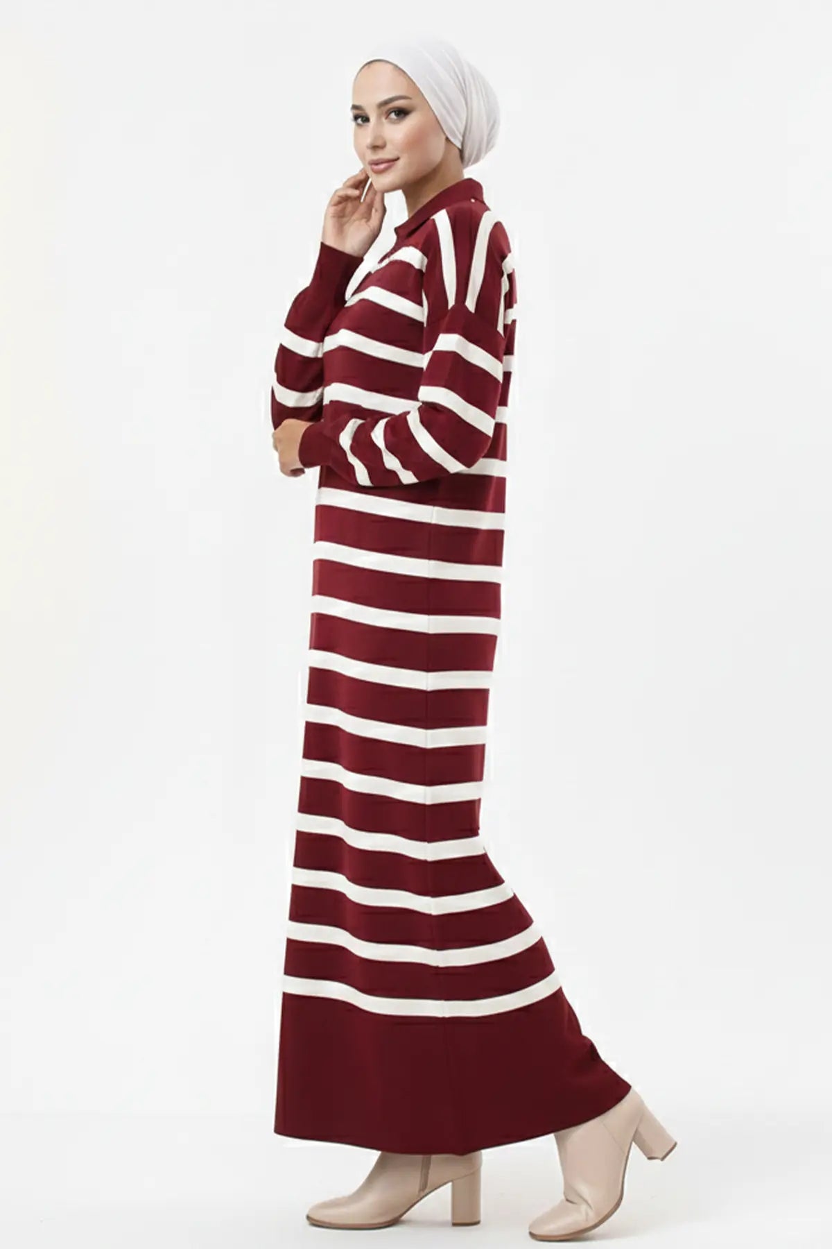 Neomodest Striped Knit Dress With Button Detail, view 2