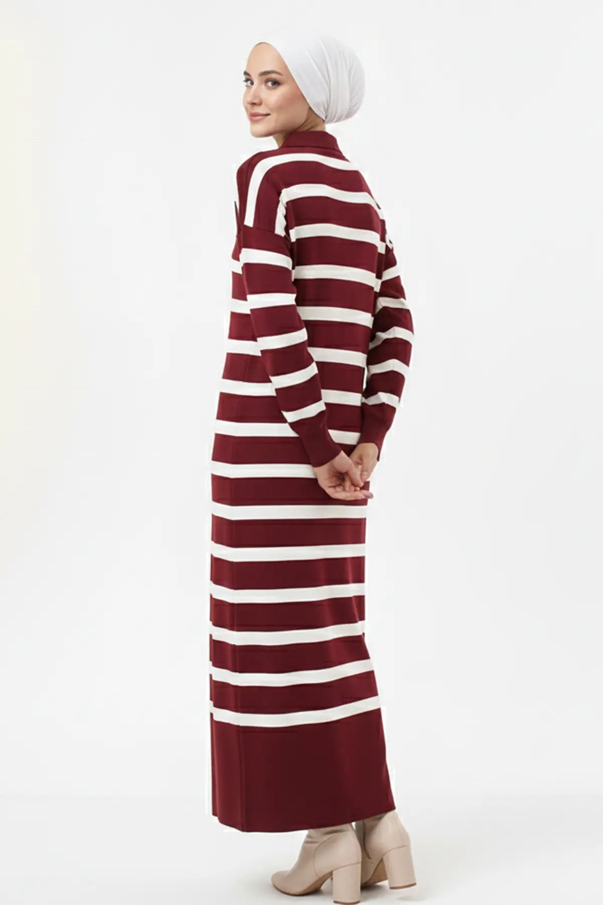 Neomodest Striped Knit Dress With Button Detail, view 3