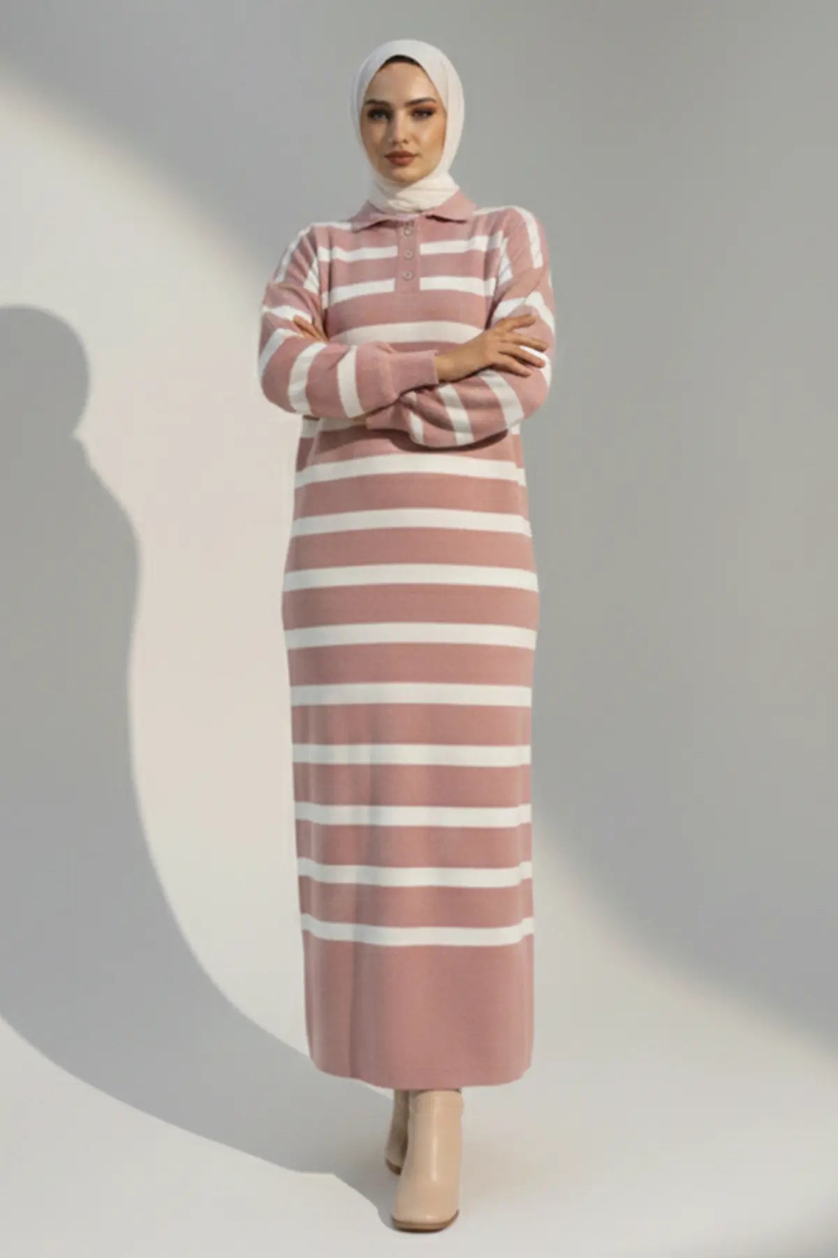 Neomodest Striped Knit Dress With Button Detail, view 2