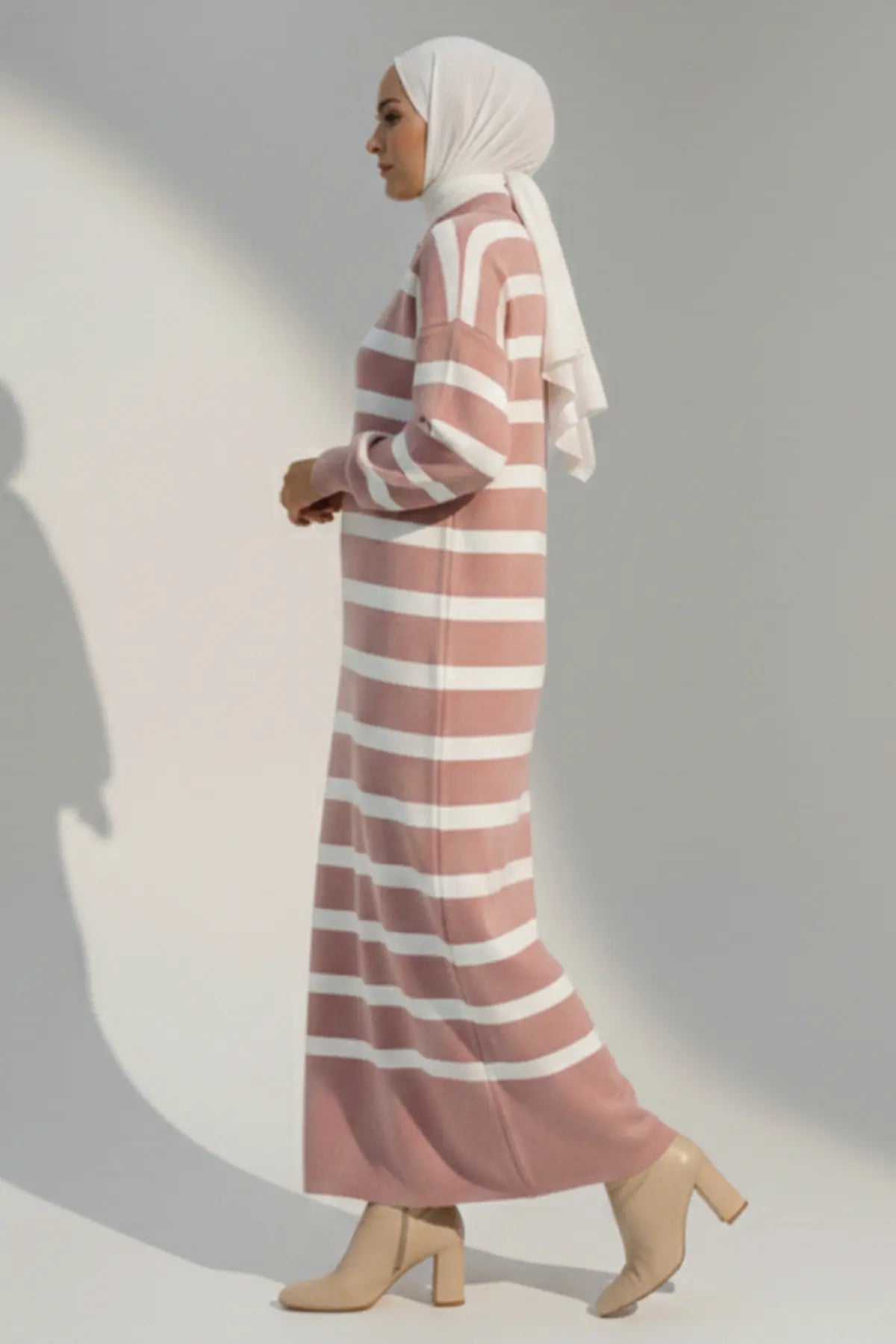 Neomodest Striped Knit Dress With Button Detail, view 3