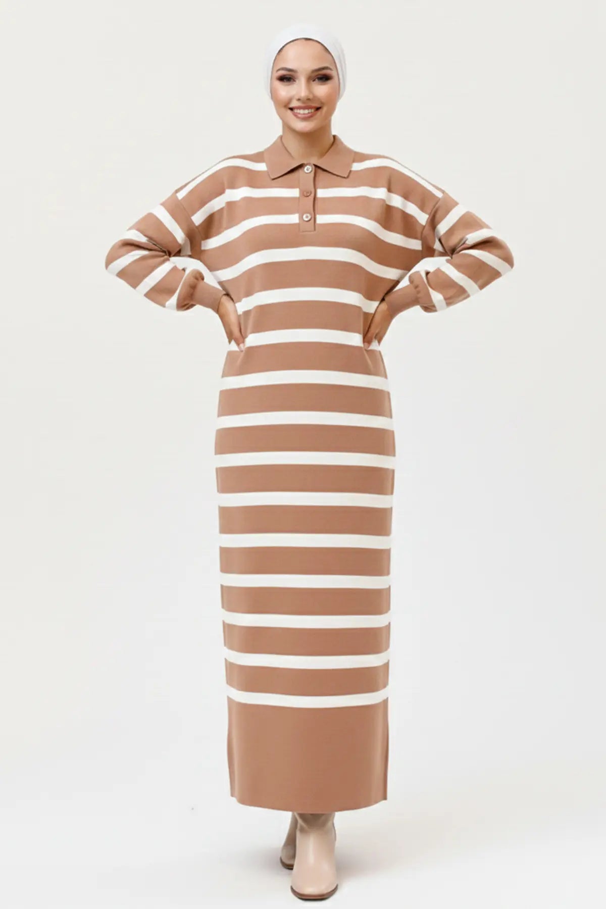 Neomodest Striped Knit Dress With Button Detail, view 2