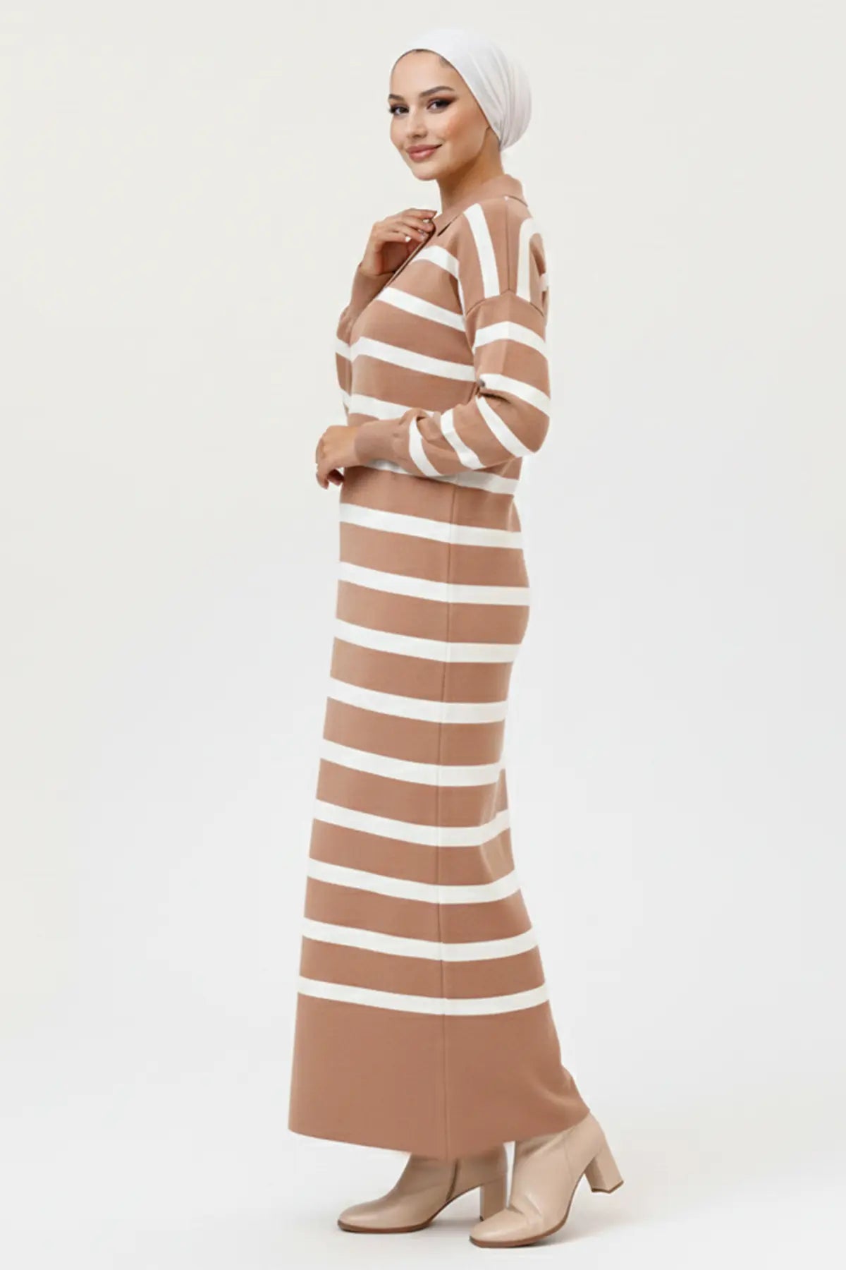 Neomodest Striped Knit Dress With Button Detail, view 3