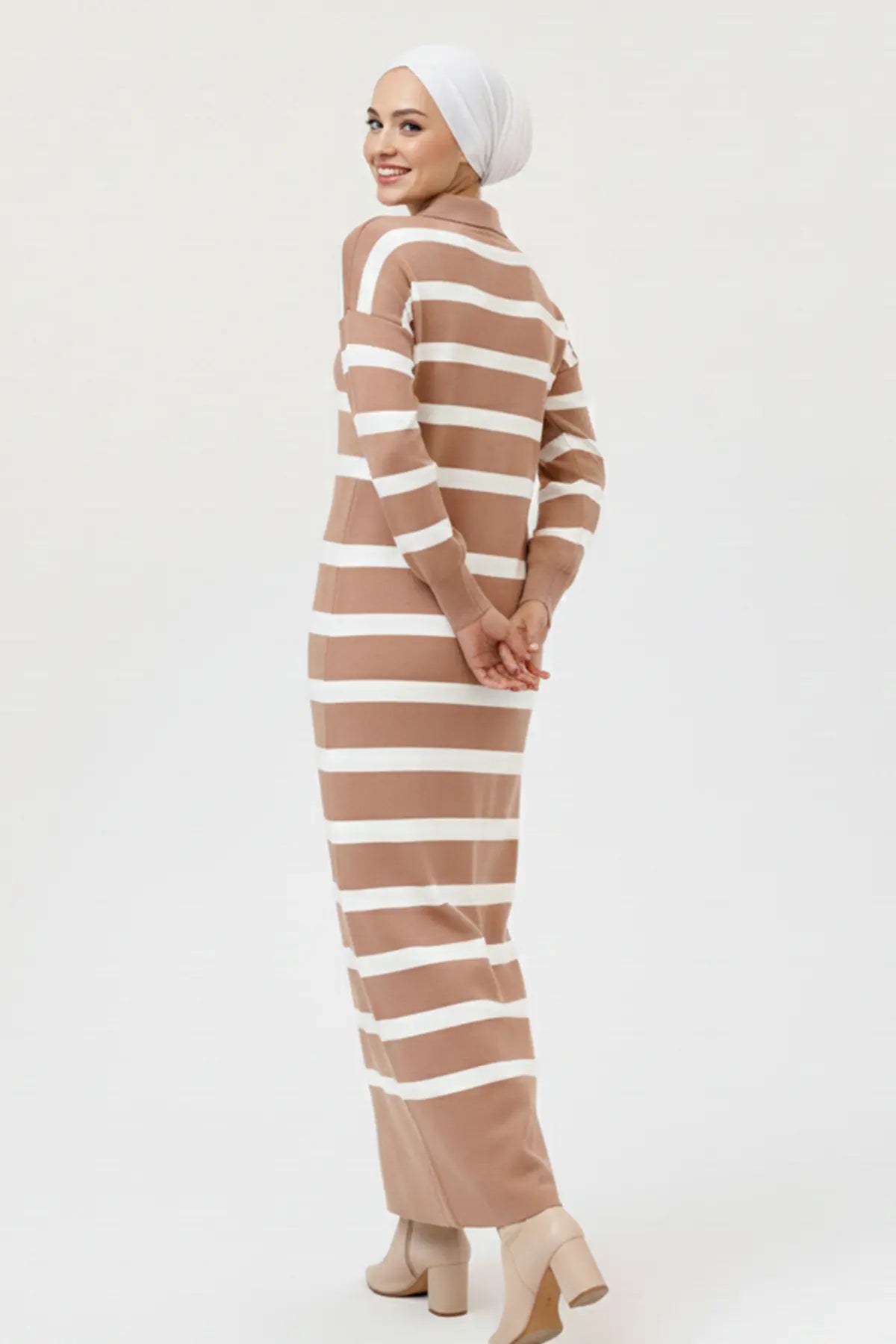 Neomodest Striped Knit Dress With Button Detail, view 4