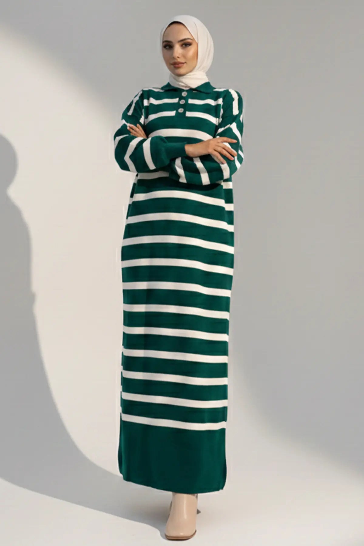 Neomodest Striped Knit Dress With Button Detail, view 2