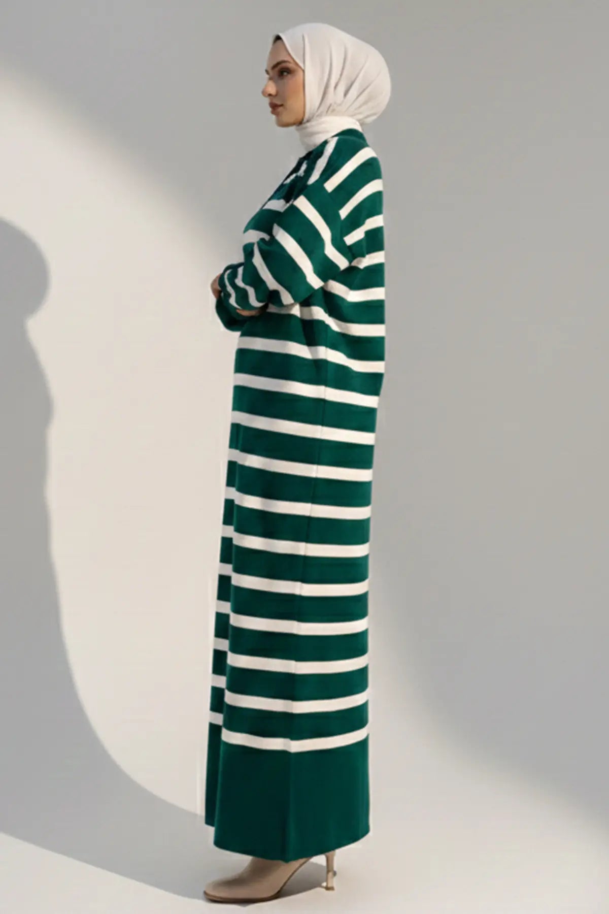 Neomodest Striped Knit Dress With Button Detail, view 3